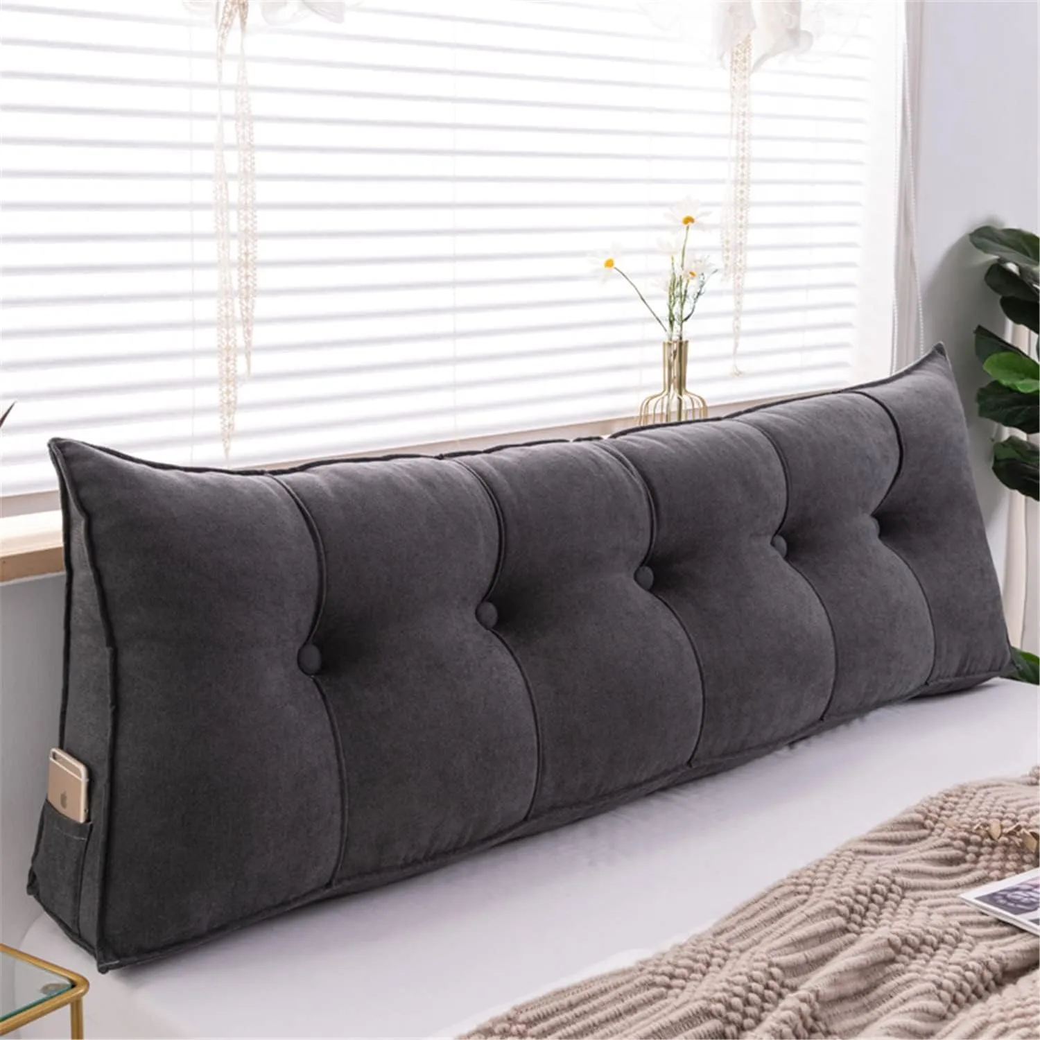 Triangular Headboard Pillow Velvet Cover Large Bolster Headboard Backrest Positioning Support Wedge Pillow for Day Bed Bunk Bed Dormitory,Black,Twin/39inch/100cm