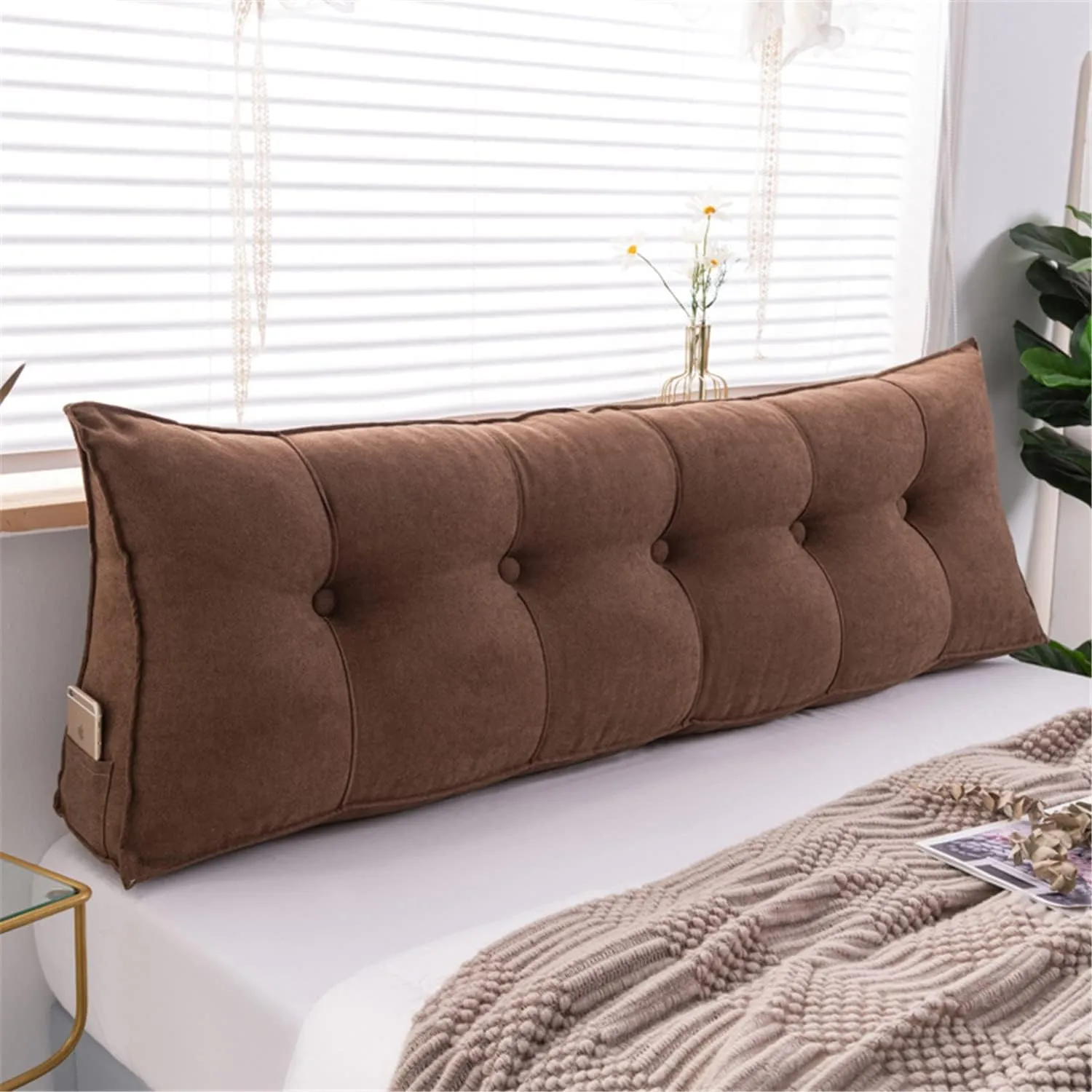 Triangular Headboard Pillow Velvet Cover Large Bolster Headboard Backrest Positioning Support Wedge Pillow for Day Bed Bunk Bed Dormitory,Brown,Twin/39inch/100cm
