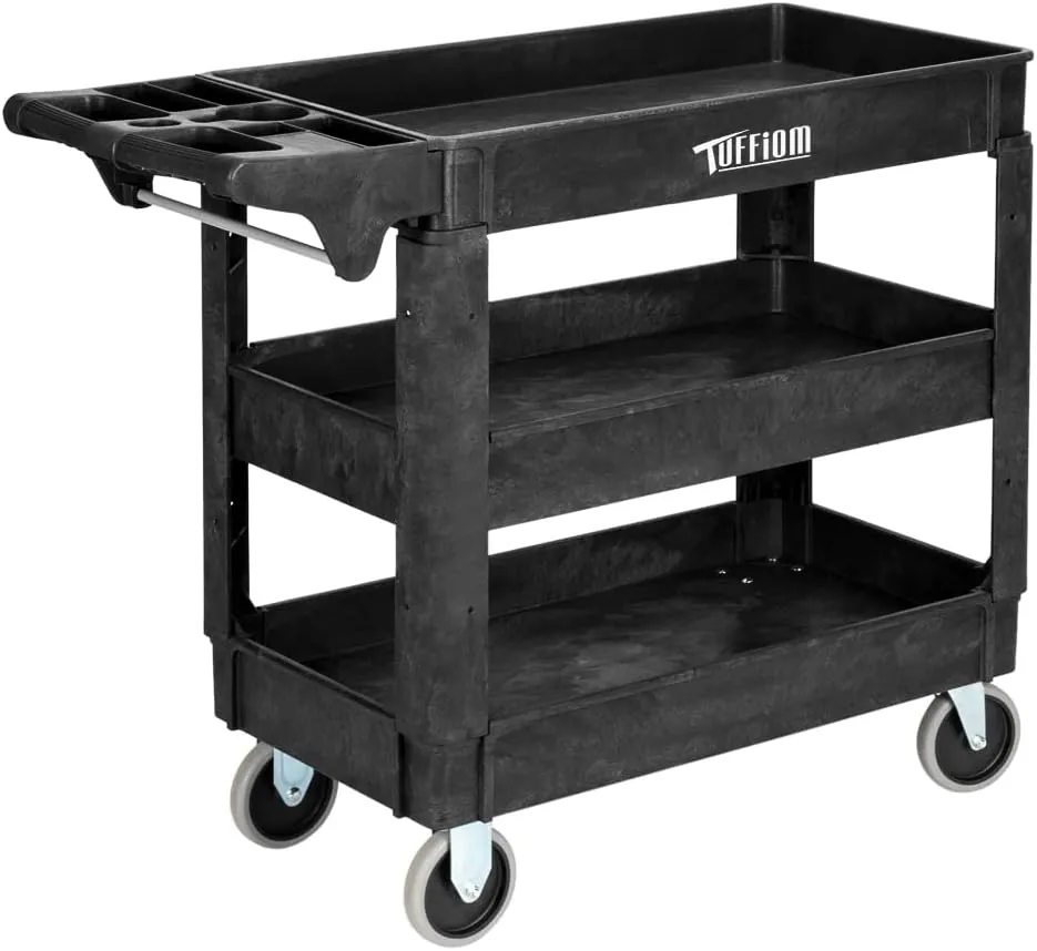 TUFFIOM Plastic Service Utility Cart, Support 550lbs Capacity Ergonomic Handle, Heavy Duty Tub Storage Cart W/Deep Shelves, Multipurpose Rolling 2-Tier Mobile Storage Organizer, for Warehouse Garage