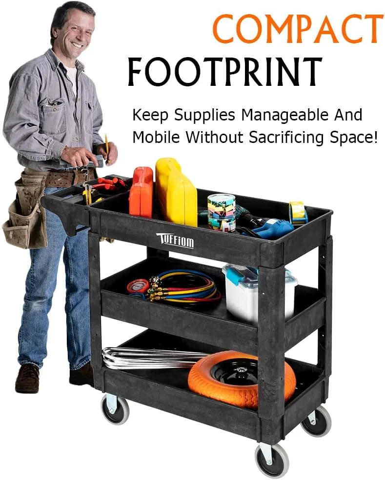 TUFFIOM Plastic Service Utility Cart, Support 550lbs Capacity Ergonomic Handle, Heavy Duty Tub Storage Cart W/Deep Shelves, Multipurpose Rolling 2-Tier Mobile Storage Organizer, for Warehouse Garage