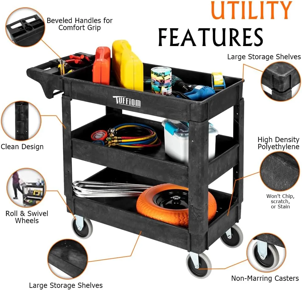 TUFFIOM Plastic Service Utility Cart, Support 550lbs Capacity Ergonomic Handle, Heavy Duty Tub Storage Cart W/Deep Shelves, Multipurpose Rolling 2-Tier Mobile Storage Organizer, for Warehouse Garage