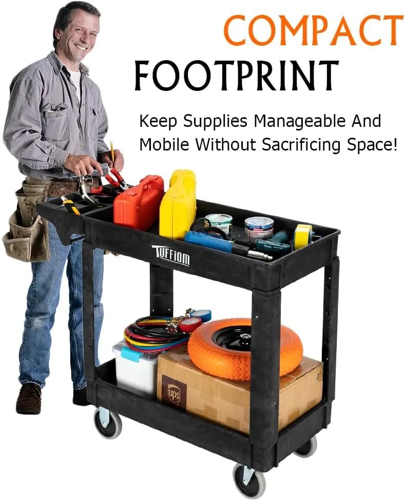 TUFFIOM Plastic Service Utility Cart with Wheels, 550lbs Capacity Heavy Duty Tub Storage Cart W/Deep Shelves, Multipurpose Rolling 2-Tier Mobile Storage Organizer, for Warehouse Garage Industrial