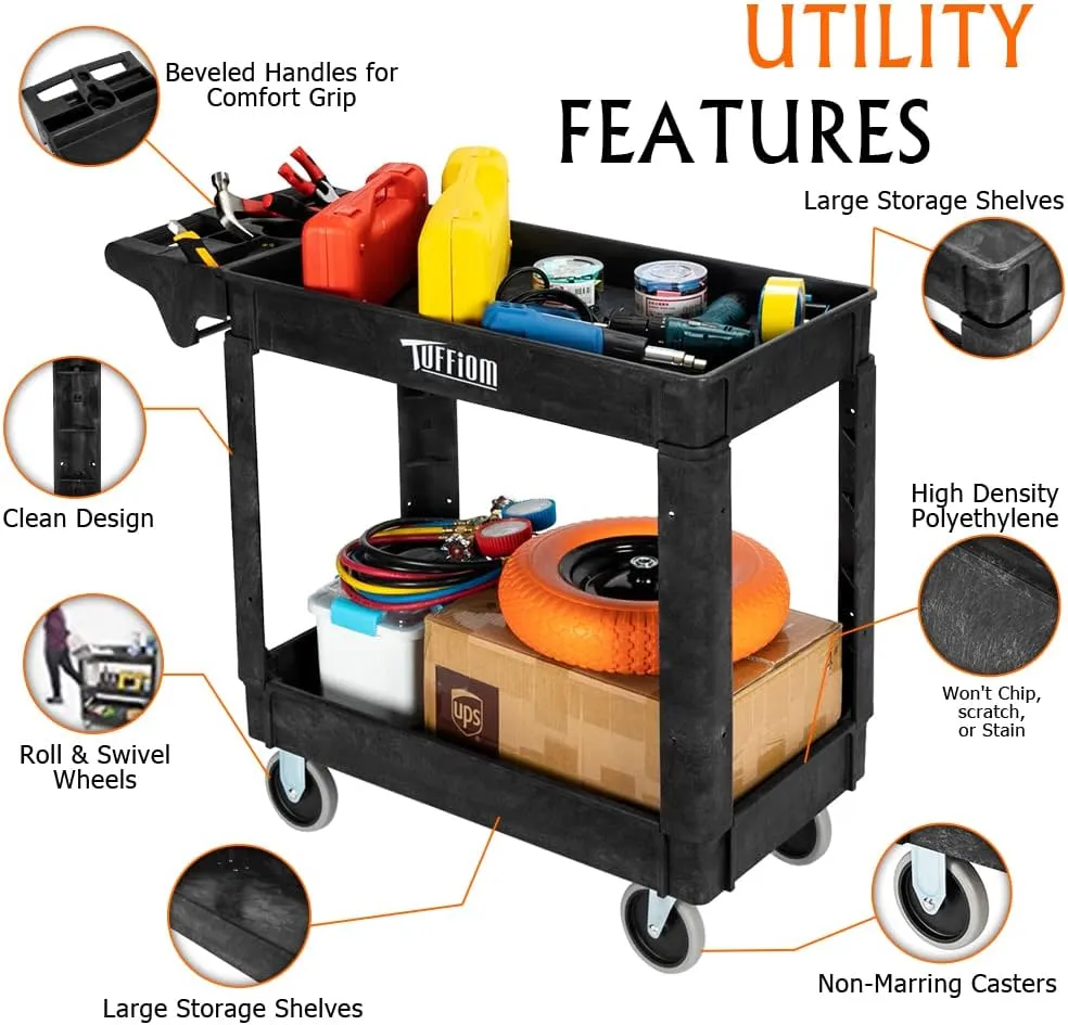 TUFFIOM Plastic Service Utility Cart with Wheels, 550lbs Capacity Heavy Duty Tub Storage Cart W/Deep Shelves, Multipurpose Rolling 2-Tier Mobile Storage Organizer, for Warehouse Garage Industrial