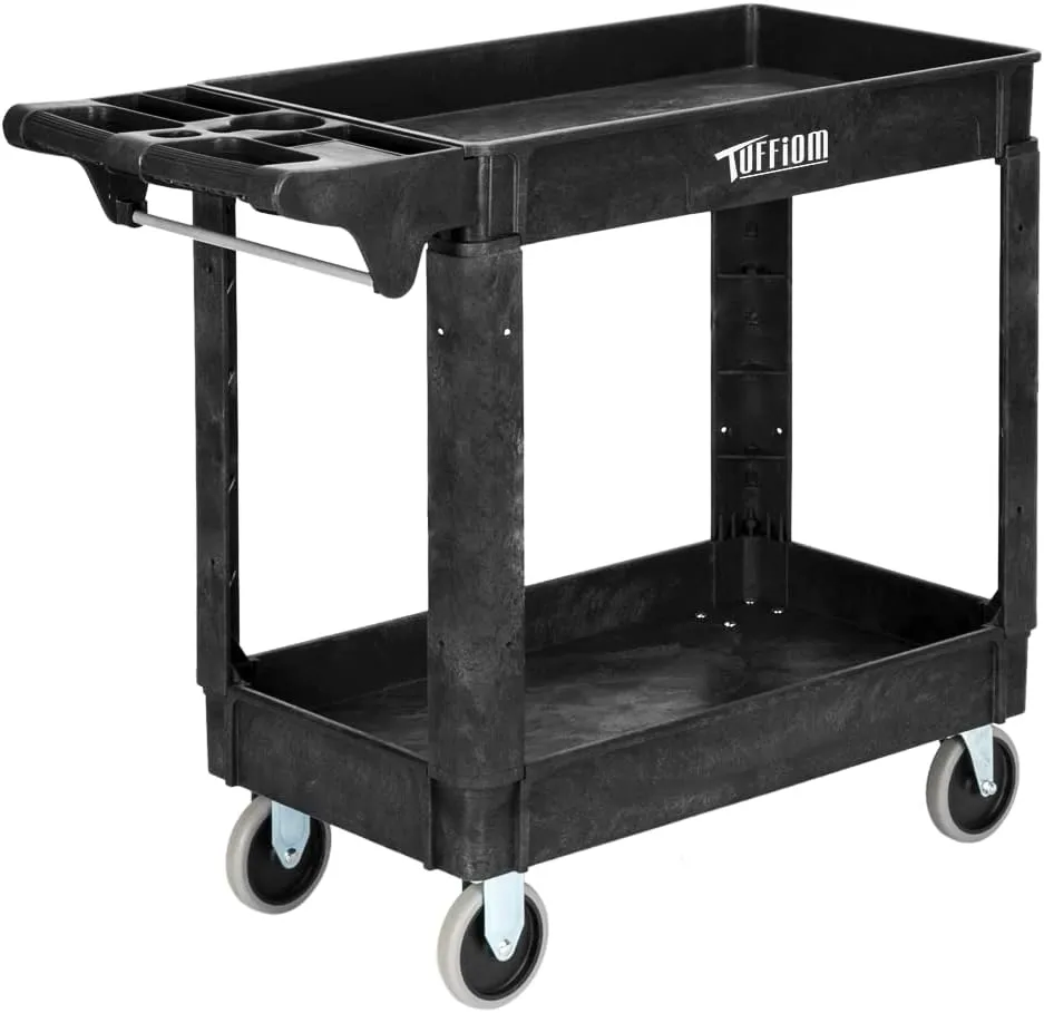 TUFFIOM Plastic Service Utility Cart with Wheels, 550lbs Capacity Heavy Duty Tub Storage Cart W/Deep Shelves, Multipurpose Rolling 2-Tier Mobile Storage Organizer, for Warehouse Garage Industrial