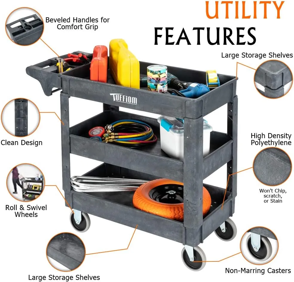 TUFFIOM Plastic Service Utility Cart with Wheels, 550lbs Capacity, Heavy Duty Tub W/Deep Shelves, Multipurpose Rolling 3-Tier Mobile Storage Organizer, for Warehouse Garage Industrial Cart