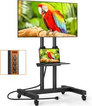 TVON Heavy Duty Rolling TV Stand with Power Outlet for 32-83 Inch TVs, Height Adjustable Mobile TV Cart on Wheels Holds up to 110 lbs, Outdoor TV Stand Trolley, Max VESA 600x400mm