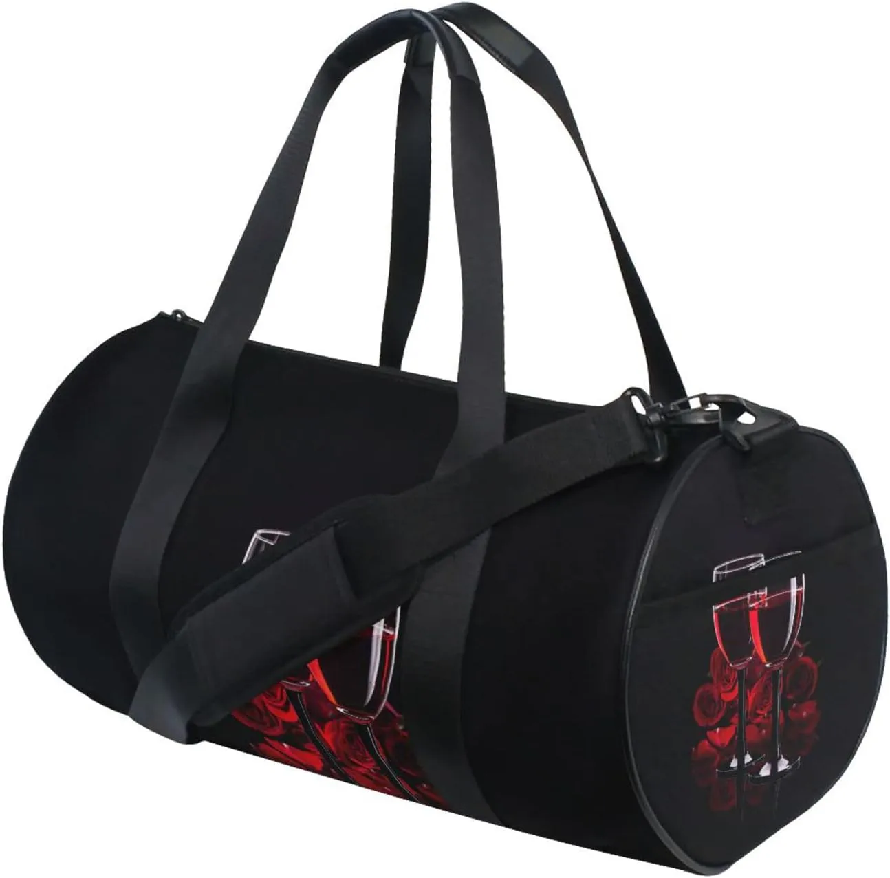 Two Glasses of Red Wine with Red Rose on Dark Duffel Bag, Foldable Canvas Travel Tote for Gym Sports with Inner Pockets, Durable Lightweight Fitness Bag for Overnight Workout