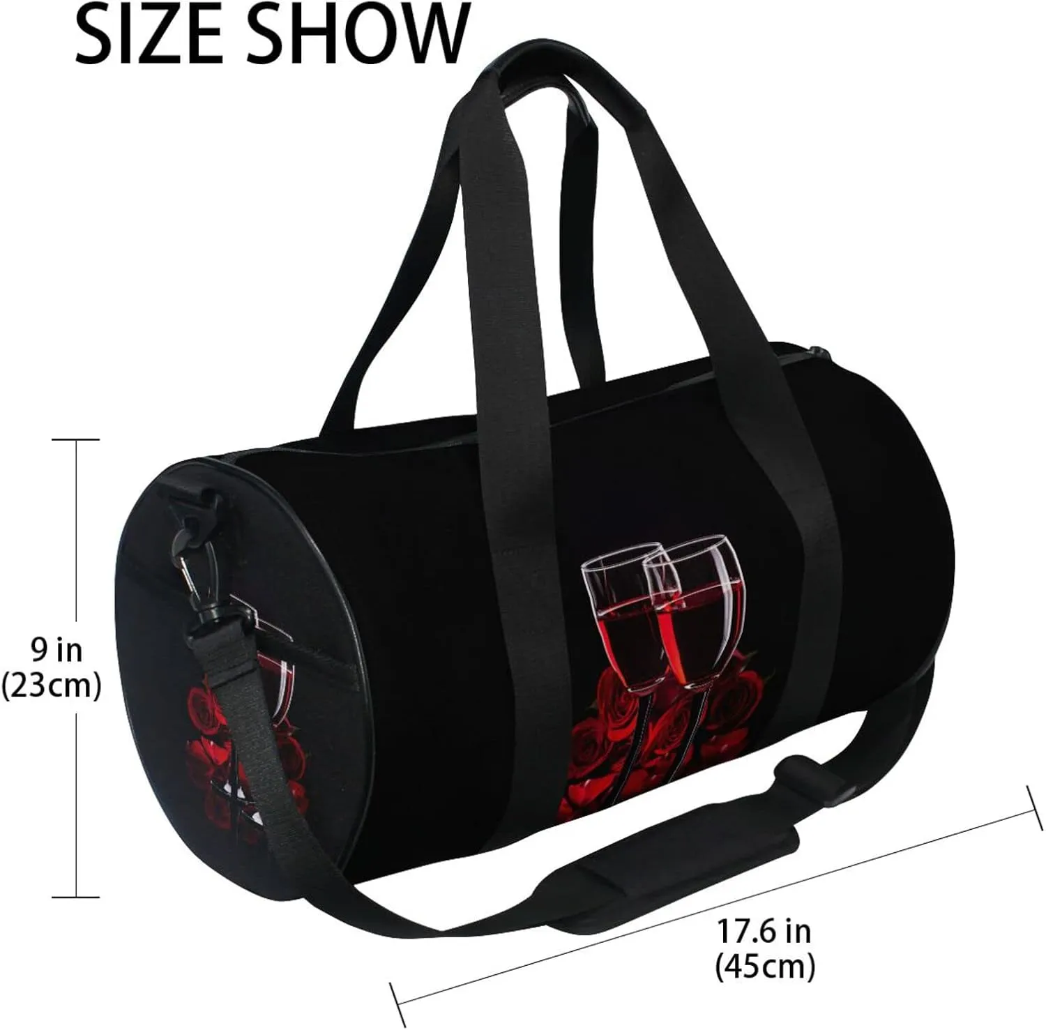 Two Glasses of Red Wine with Red Rose on Dark Duffel Bag, Foldable Canvas Travel Tote for Gym Sports with Inner Pockets, Durable Lightweight Fitness Bag for Overnight Workout