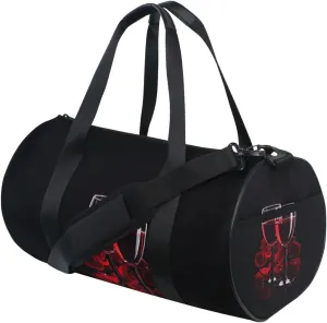 Two Glasses of Red Wine with Red Rose on Dark Duffel Bag, Foldable Canvas Travel Tote for Gym Sports with Inner Pockets, Durable Lightweight Fitness Bag for Overnight Workout