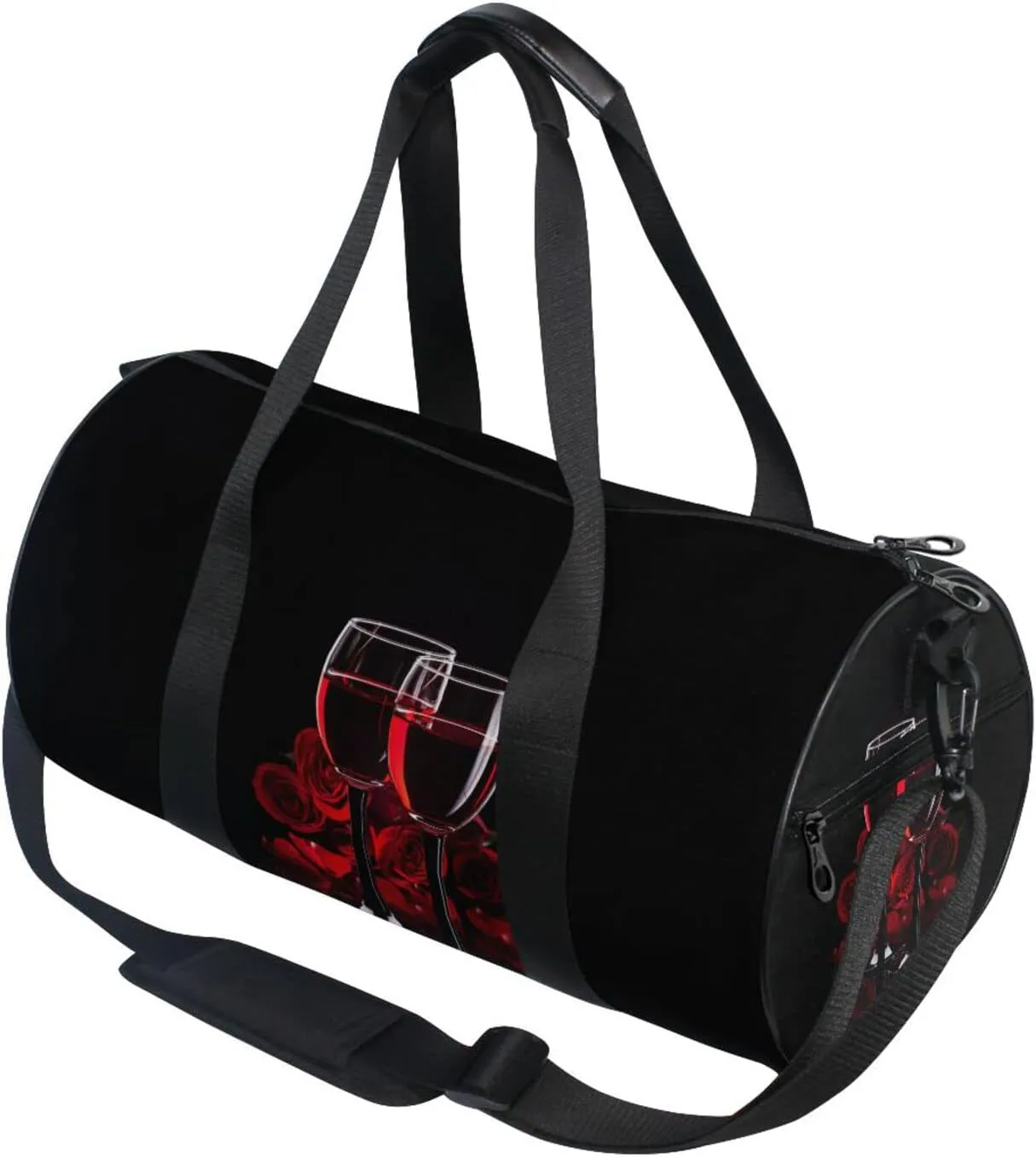 Two Glasses of Red Wine with Red Rose on Dark Duffel Bag, Foldable Canvas Travel Tote for Gym Sports with Inner Pockets, Durable Lightweight Fitness Bag for Overnight Workout
