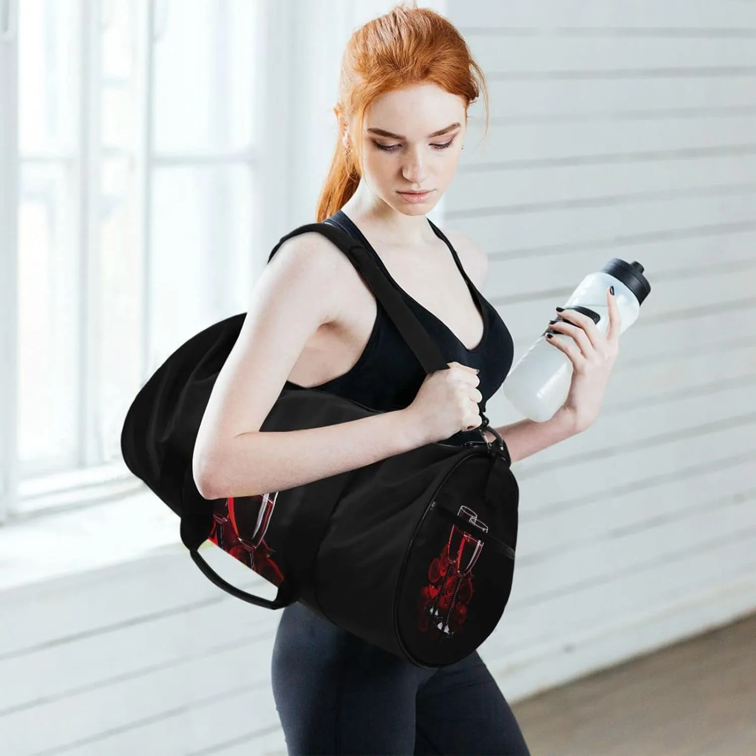 Two Glasses of Red Wine with Red Rose on Dark Duffel Bag, Foldable Canvas Travel Tote for Gym Sports with Inner Pockets, Durable Lightweight Fitness Bag for Overnight Workout