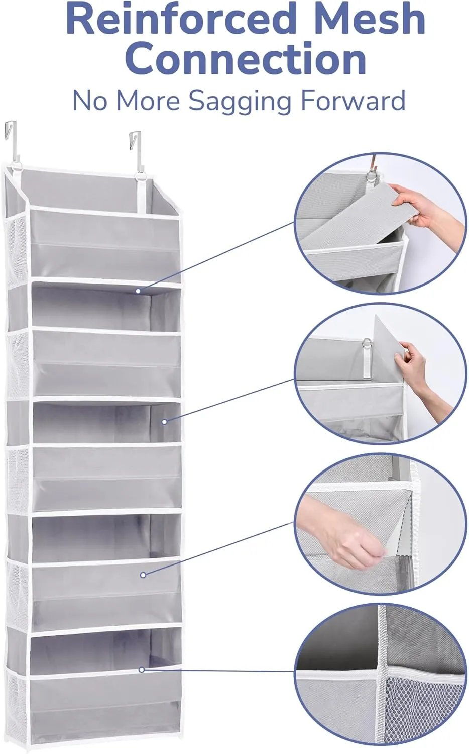 ULG 1 Pack Over Door Organizer with 5 Large Pockets 10 Mesh Side Pockets, 44 lbs Weight Capacity Hanging Storage Organizer with Clear Window for Kids Toys, Shoes, Diapers, Grey, 5 Layer