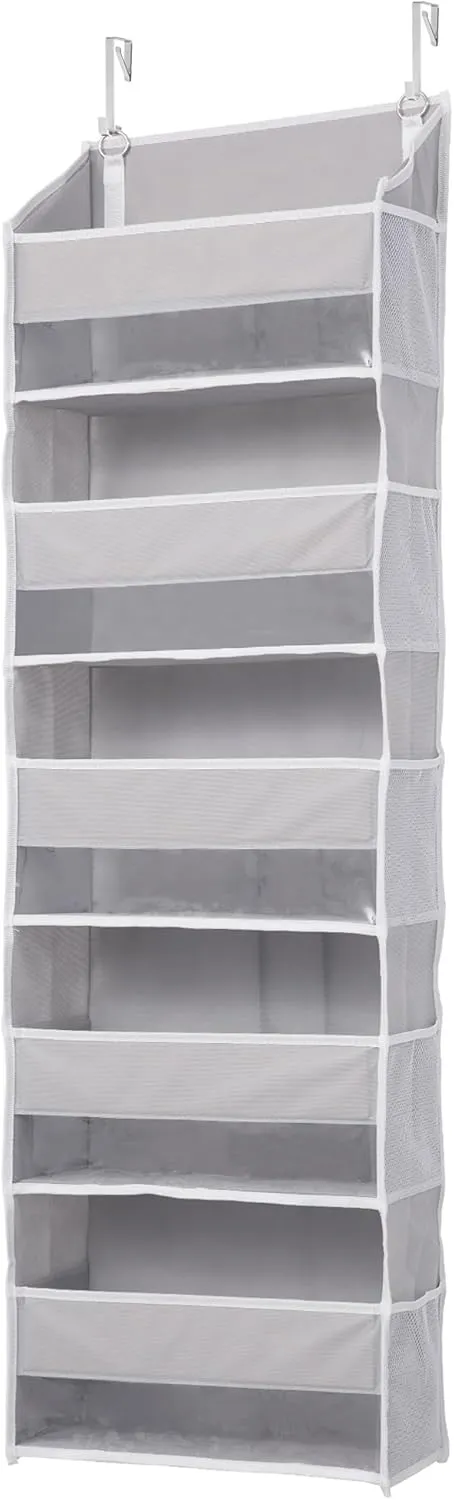 ULG 1 Pack Over Door Organizer with 5 Large Pockets 10 Mesh Side Pockets, 44 lbs Weight Capacity Hanging Storage Organizer with Clear Window for Kids Toys, Shoes, Diapers, Grey, 5 Layer
