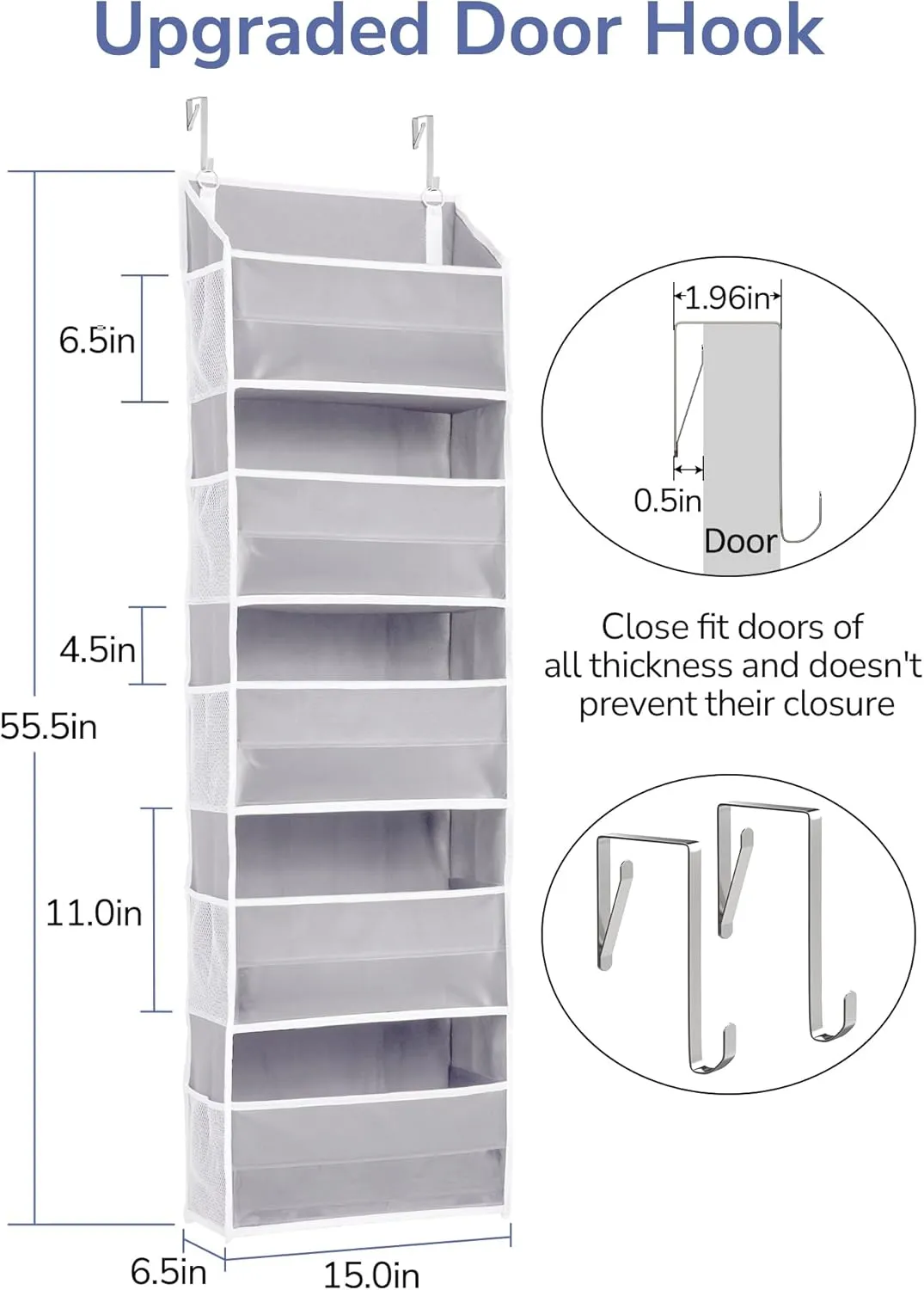 ULG 1 Pack Over Door Organizer with 5 Large Pockets 10 Mesh Side Pockets, 44 lbs Weight Capacity Hanging Storage Organizer with Clear Window for Kids Toys, Shoes, Diapers, Grey, 5 Layer