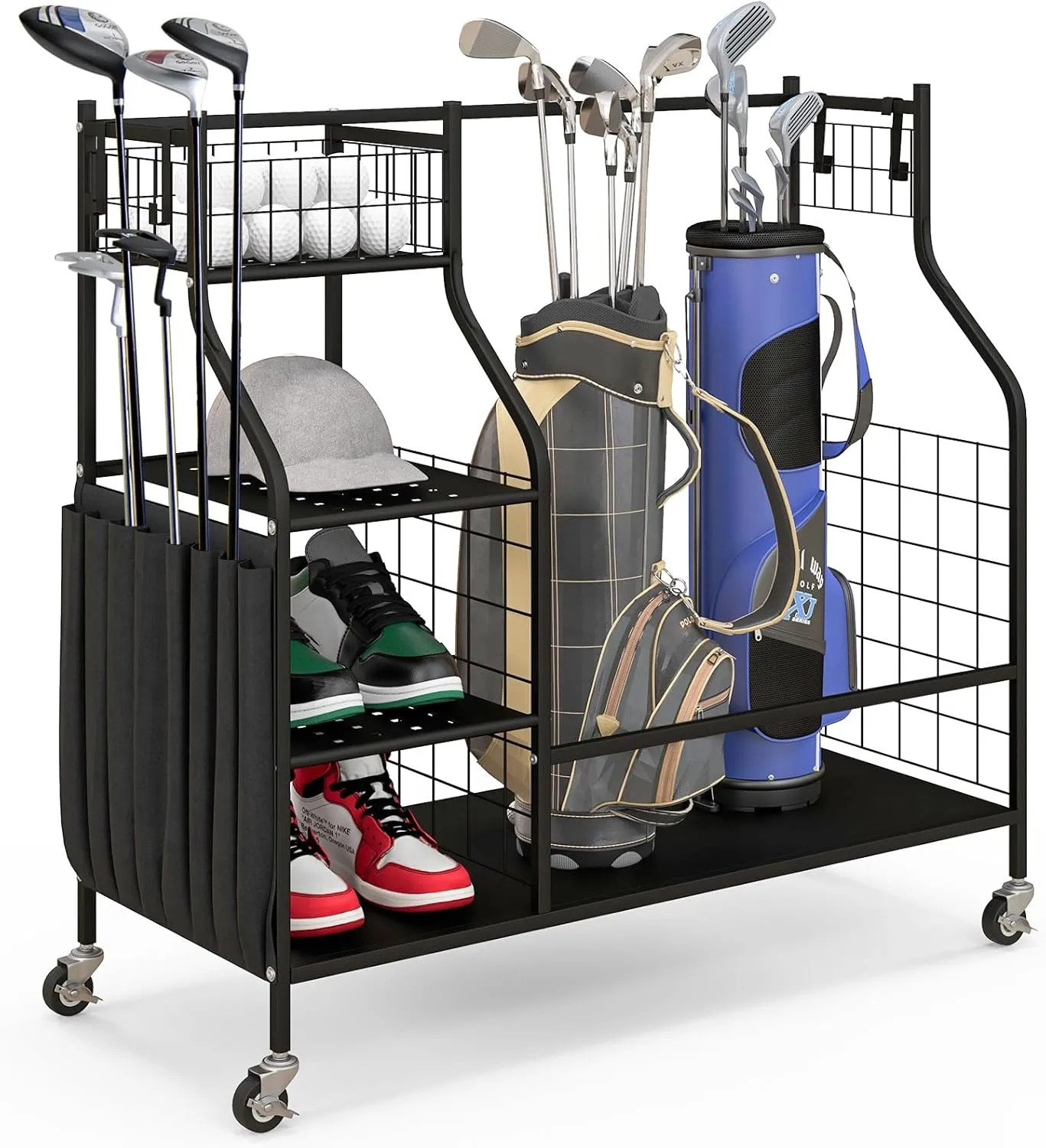 ULTIMATE 4-in-1 Golf Bag Storage Organizer with Lockable Wheels, 2 Golf Bags Storage Stand w/ 8-Pocket Organizer, Golf Ball Basket, 4 Removable Hooks & 3-Tier Shelf, Garage Storage Rack for Women Men