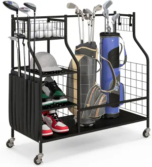 ULTIMATE 4-in-1 Golf Bag Storage Organizer with Lockable Wheels, 2 Golf Bags Storage Stand w/ 8-Pocket Organizer, Golf Ball Basket, 4 Removable Hooks & 3-Tier Shelf, Garage Storage Rack for Women Men