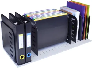 Ultimate Office Desktop Organizer File Sorter Letter Trays and a Hanging File Rack All in One for Fast and Easy Access to All of Your Forms Notebooks Binders Books and Files, Gray w/Black Dividers