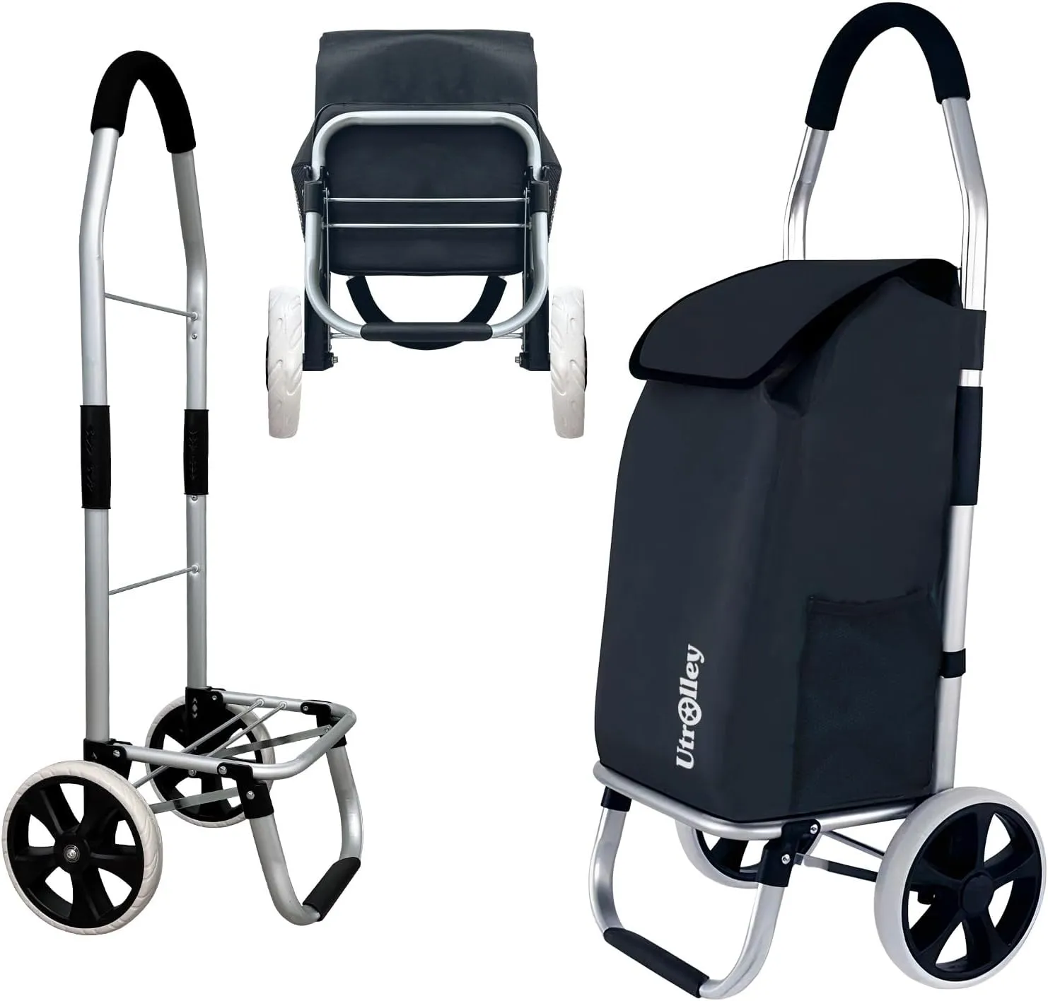 Ultra Lightweight Foldable Shopping Cart for Groceries, Large 40L Capacity Groceries Cart on Soft Rolling Wheels, Removable Bag, Multi-Use Personal Hand Truck, Black