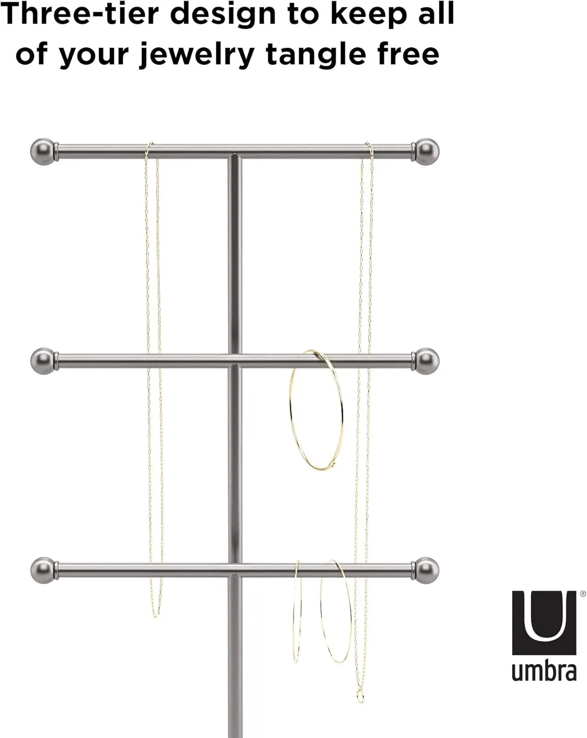 Umbra Trigem Hanging Jewelry Organizer Tiered Tabletop Free Standing Necklace Holder Display, White/Nickel