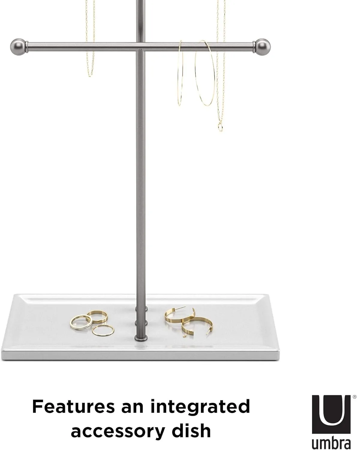 Umbra Trigem Hanging Jewelry Organizer Tiered Tabletop Free Standing Necklace Holder Display, White/Nickel