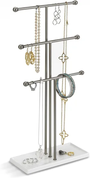 Umbra Trigem Hanging Jewelry Organizer Tiered Tabletop Free Standing Necklace Holder Display, White/Nickel