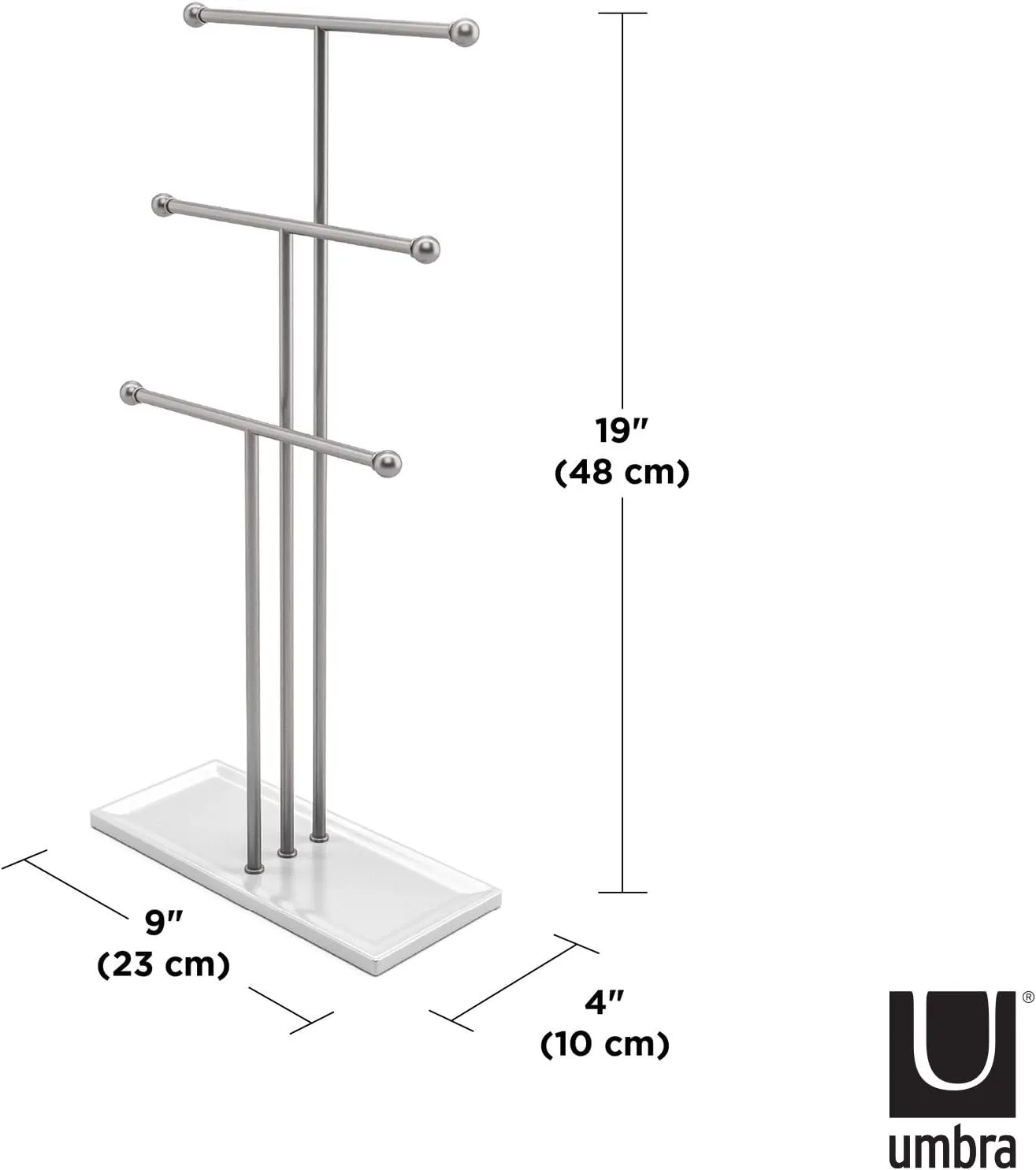 Umbra Trigem Hanging Jewelry Organizer Tiered Tabletop Free Standing Necklace Holder Display, White/Nickel