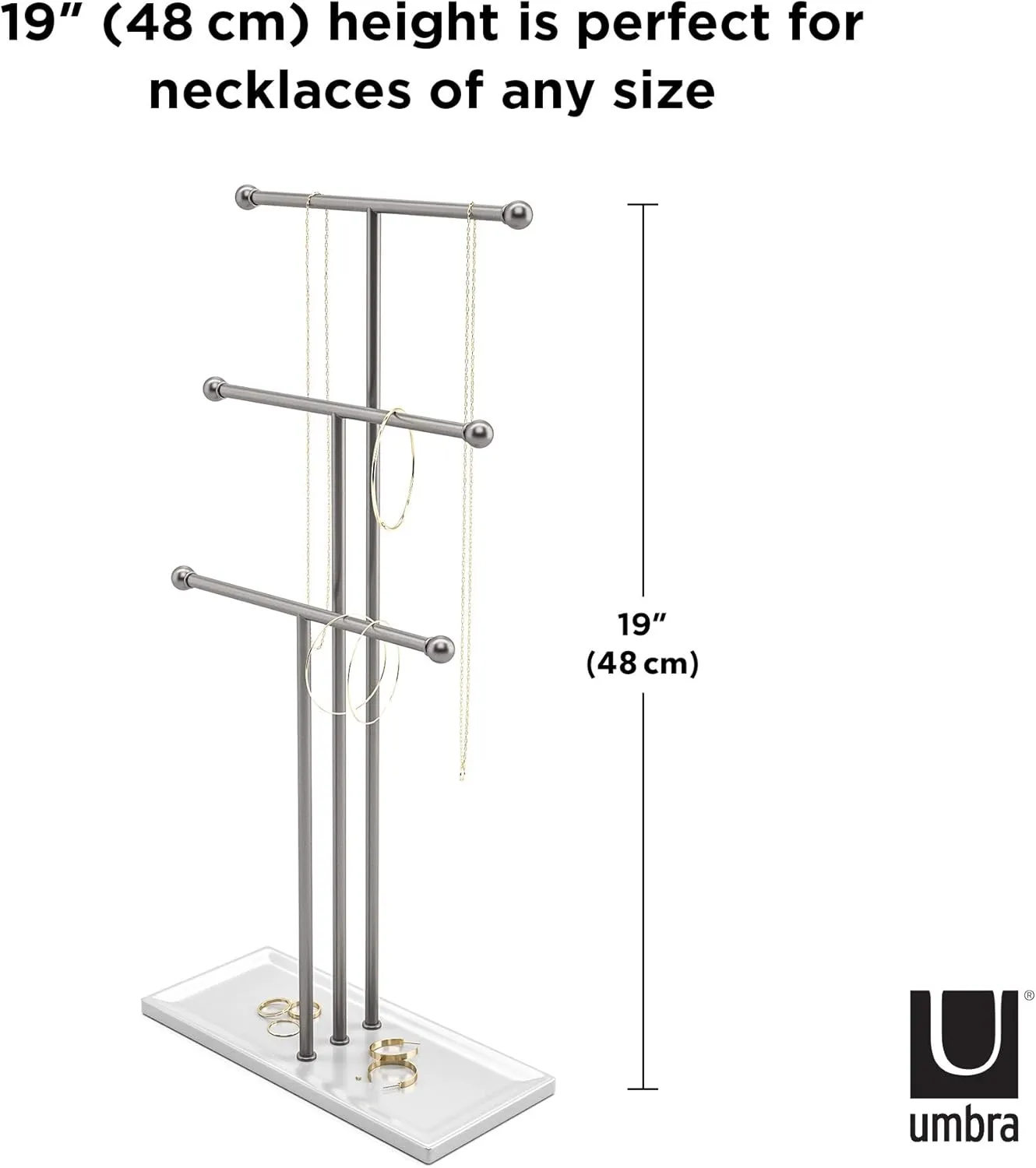 Umbra Trigem Hanging Jewelry Organizer Tiered Tabletop Free Standing Necklace Holder Display, White/Nickel