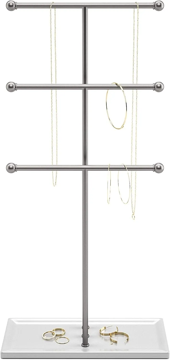 Umbra Trigem Hanging Jewelry Organizer Tiered Tabletop Free Standing Necklace Holder Display, White/Nickel