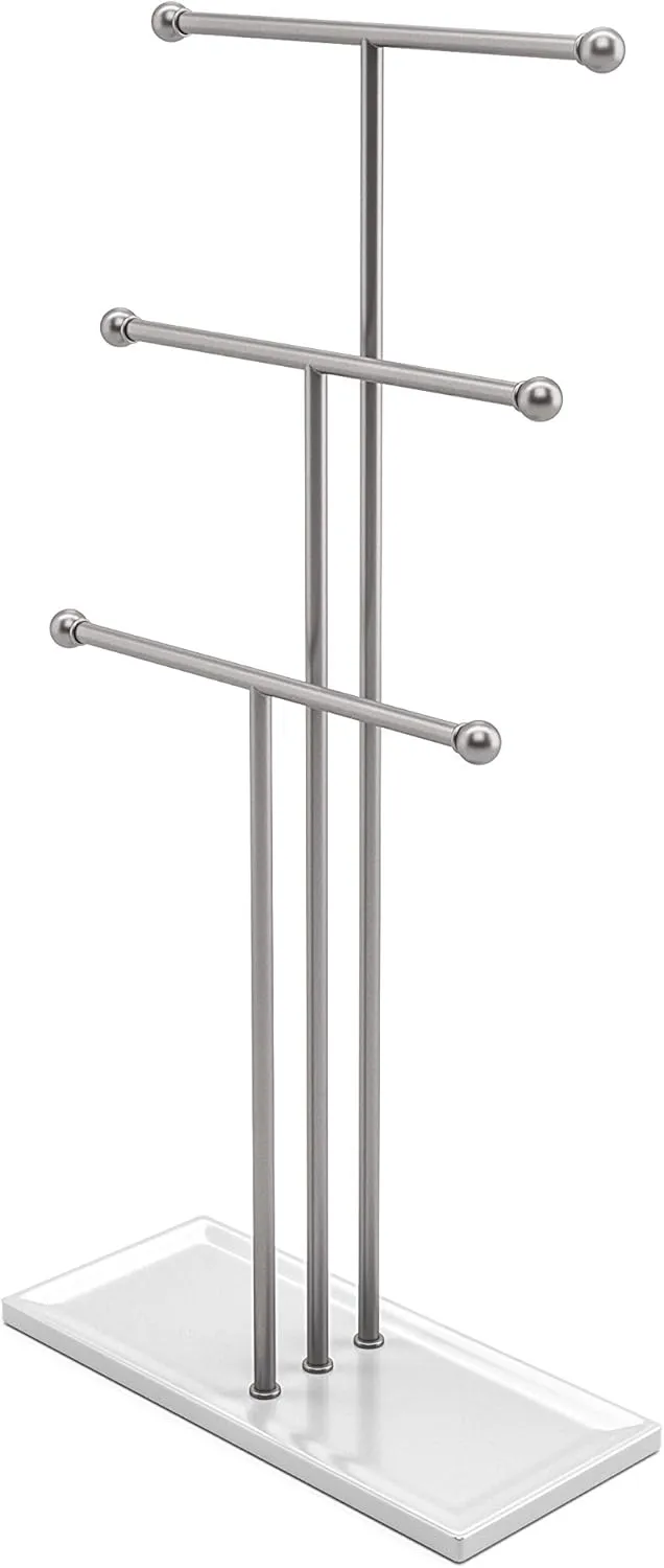 Umbra Trigem Hanging Jewelry Organizer Tiered Tabletop Free Standing Necklace Holder Display, White/Nickel