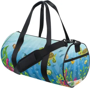 Underwater Blue Ocean Landscape with Sea Turtles Fish Sea Plants Duffel Bag, Foldable Canvas Travel Tote for Gym Sports with Inner Pockets, Durable Lightweight Fitness Bag for Overnight Workout