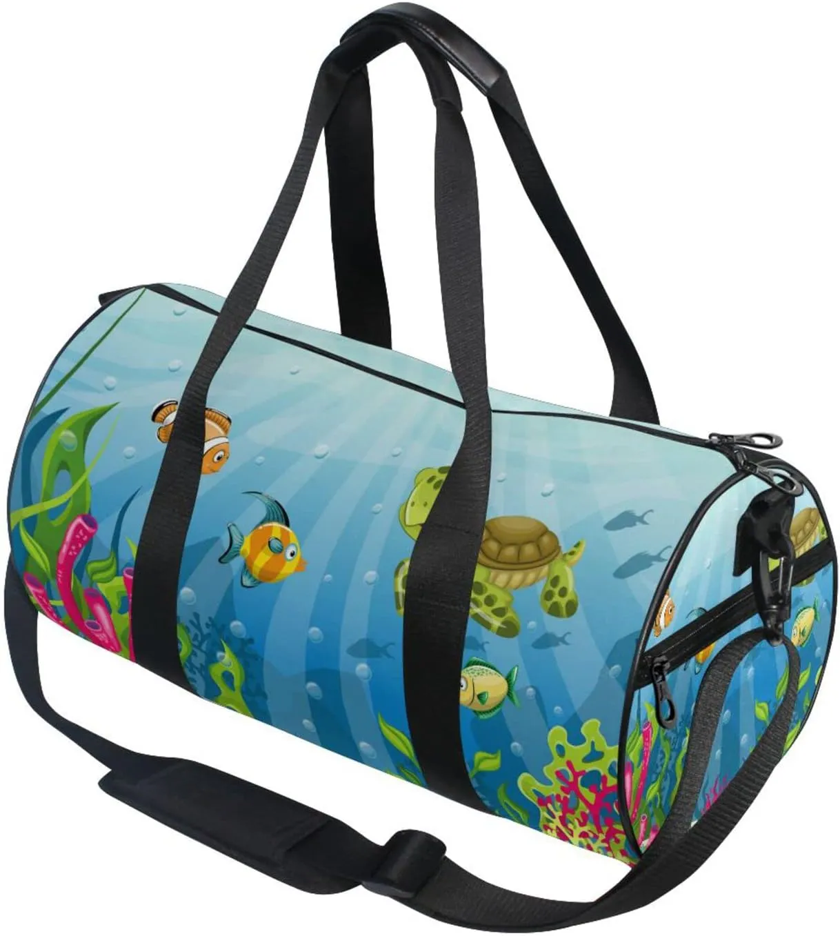 Underwater Blue Ocean Landscape with Sea Turtles Fish Sea Plants Duffel Bag, Foldable Canvas Travel Tote for Gym Sports with Inner Pockets, Durable Lightweight Fitness Bag for Overnight Workout