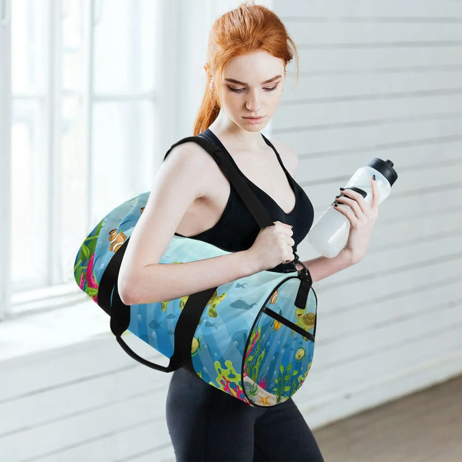 Underwater Blue Ocean Landscape with Sea Turtles Fish Sea Plants Duffel Bag, Foldable Canvas Travel Tote for Gym Sports with Inner Pockets, Durable Lightweight Fitness Bag for Overnight Workout