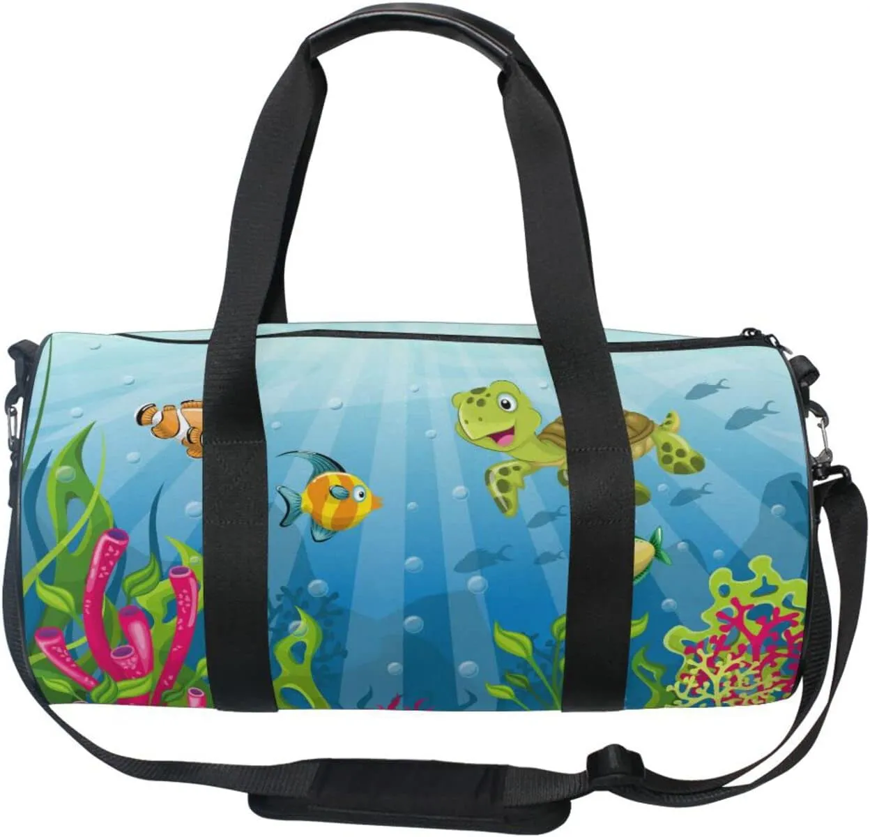 Underwater Blue Ocean Landscape with Sea Turtles Fish Sea Plants Duffel Bag, Foldable Canvas Travel Tote for Gym Sports with Inner Pockets, Durable Lightweight Fitness Bag for Overnight Workout
