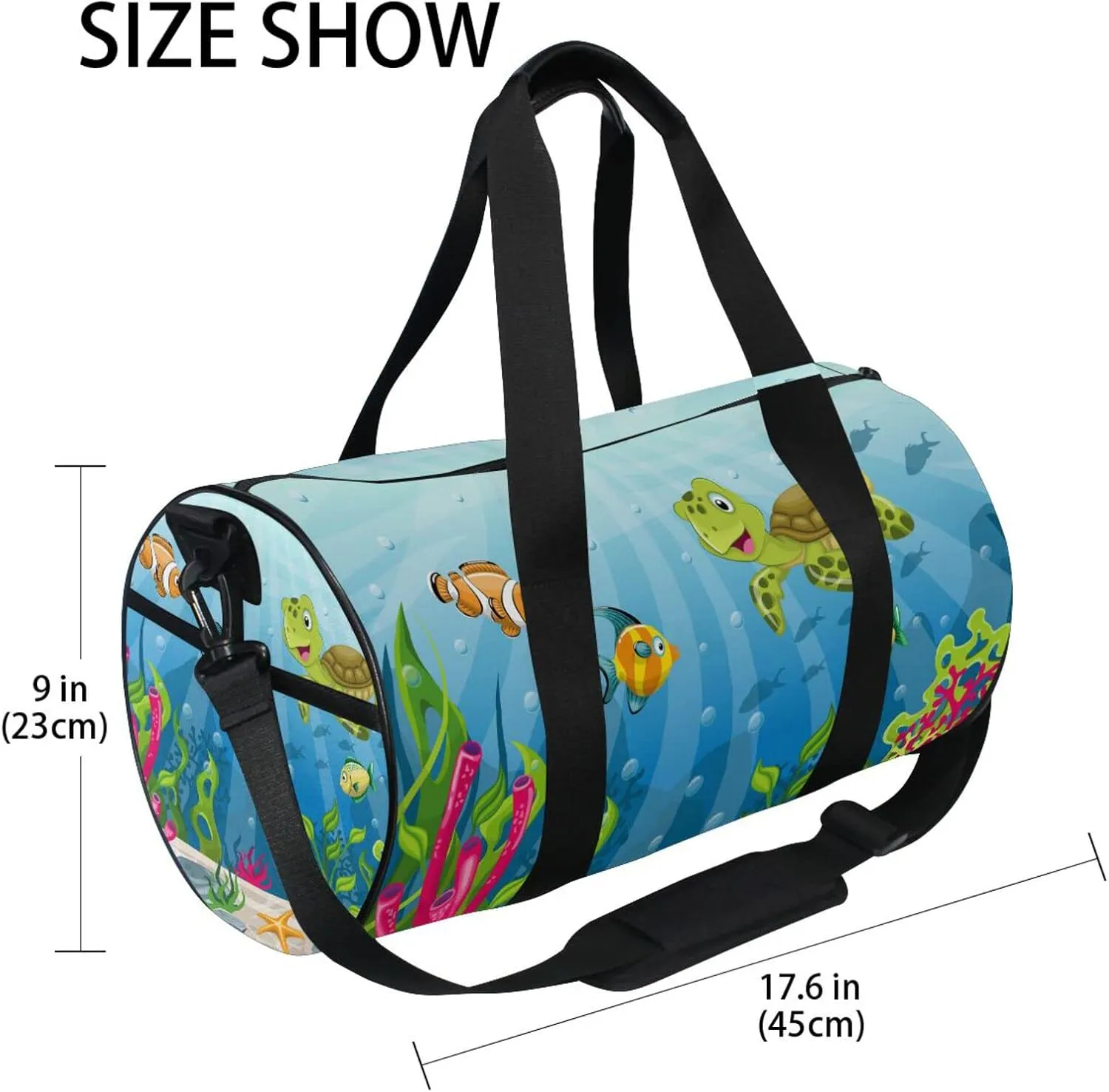 Underwater Blue Ocean Landscape with Sea Turtles Fish Sea Plants Duffel Bag, Foldable Canvas Travel Tote for Gym Sports with Inner Pockets, Durable Lightweight Fitness Bag for Overnight Workout