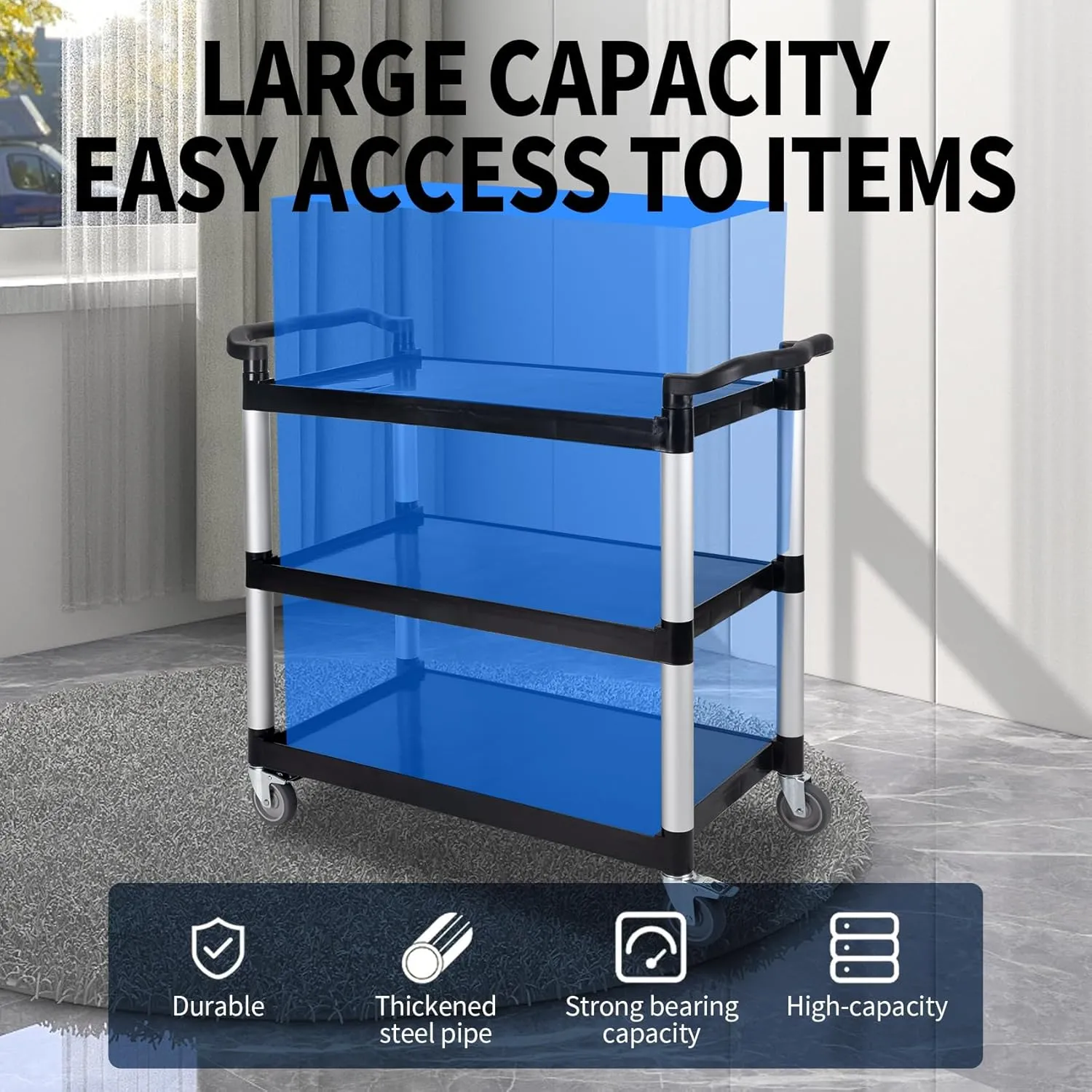 UNICOO Heavy Duty Plastic Utility Cart 550lbs, 3-Tier Rolling Service Cart with Lockable & Silent Wheels, Anti-Rust & Easy Clean for Restaurant, Office, Garage & More, 41x19.5x39 Inches (Black)