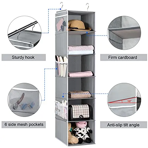 Univivi Shelves Hanging Organizer 6 - Layer Collapsible Hanging Closet Organizer with 6 Side Pockets Closet Hanging Shelves (Gray)