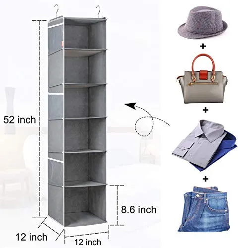 Univivi Shelves Hanging Organizer 6 - Layer Collapsible Hanging Closet Organizer with 6 Side Pockets Closet Hanging Shelves (Gray)