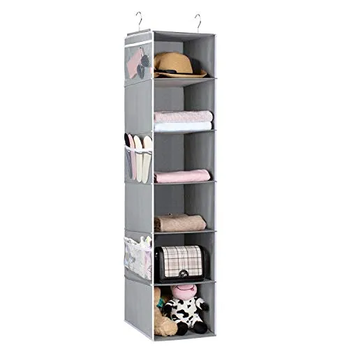 Univivi Shelves Hanging Organizer 6 - Layer Collapsible Hanging Closet Organizer with 6 Side Pockets Closet Hanging Shelves (Gray)