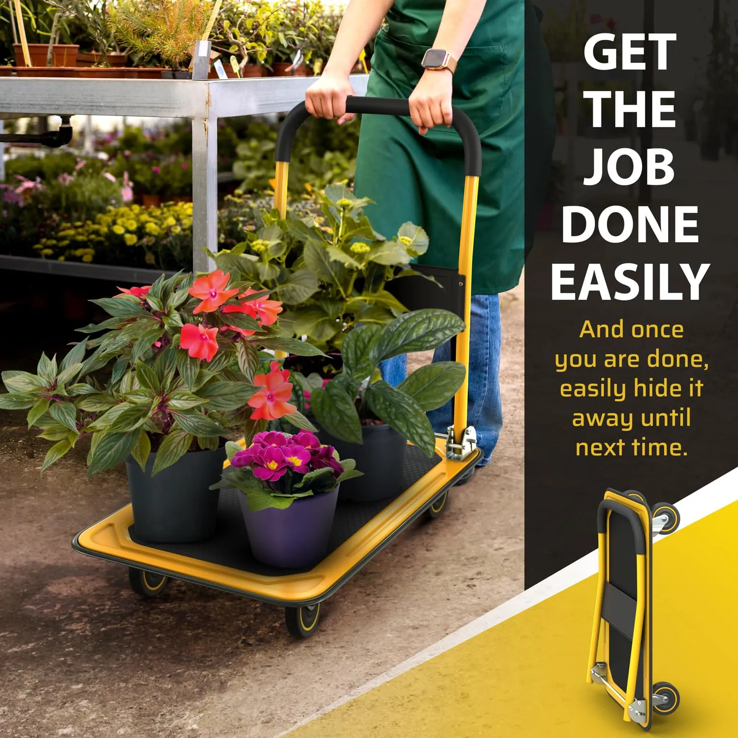 Upgraded Foldable Push Cart Dolly | 330 lbs. Capacity Moving Platform Hand Truck | Heavy Duty Space Saving Collapsible | Swivel Push Handle Flat Bed Wagon - Yellow