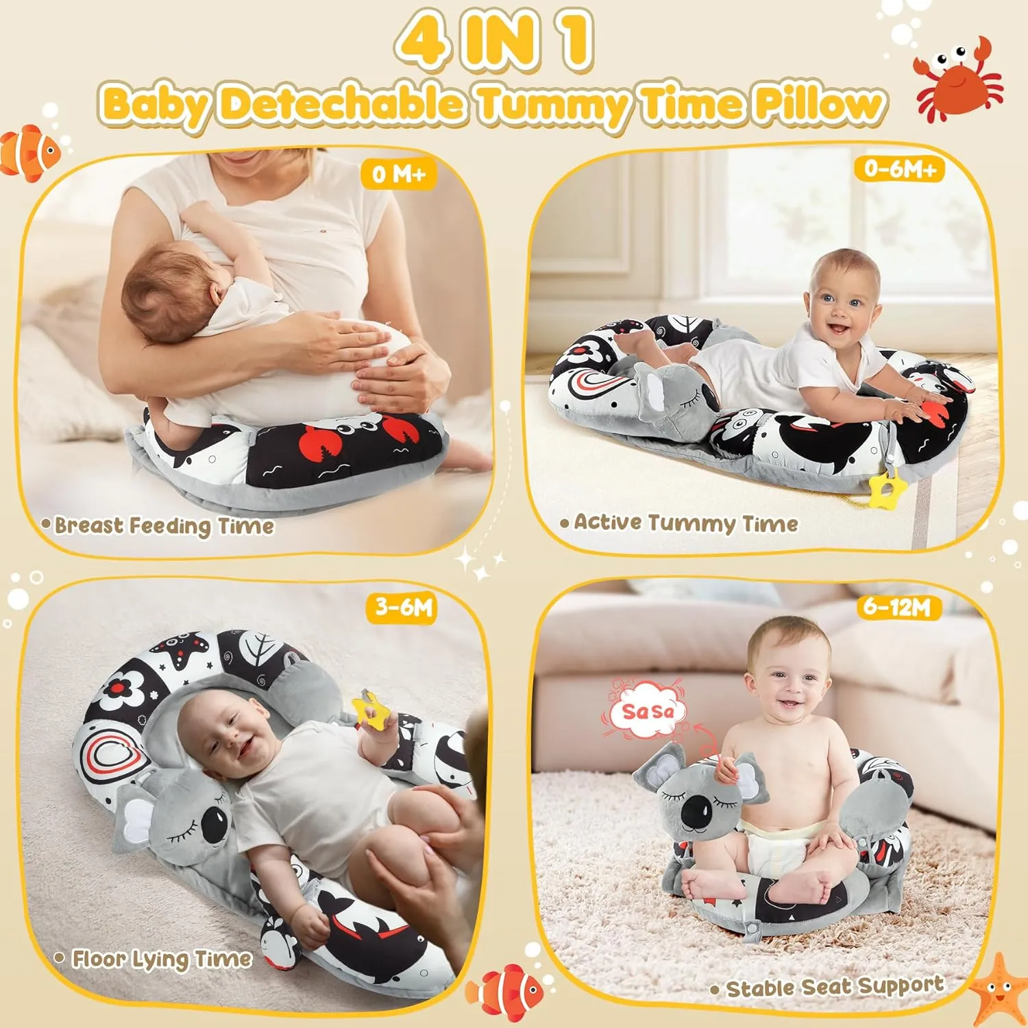 URMYWO Tummy Time Mat - 4 in 1 Cozy Tummy Time & Seated Support Pillow, Sitting Support for Newborn 0-12 Months, Infant Baby Sit Me Up Floor Seat Early Sensory Development Gifts Tummy Time Play Toys