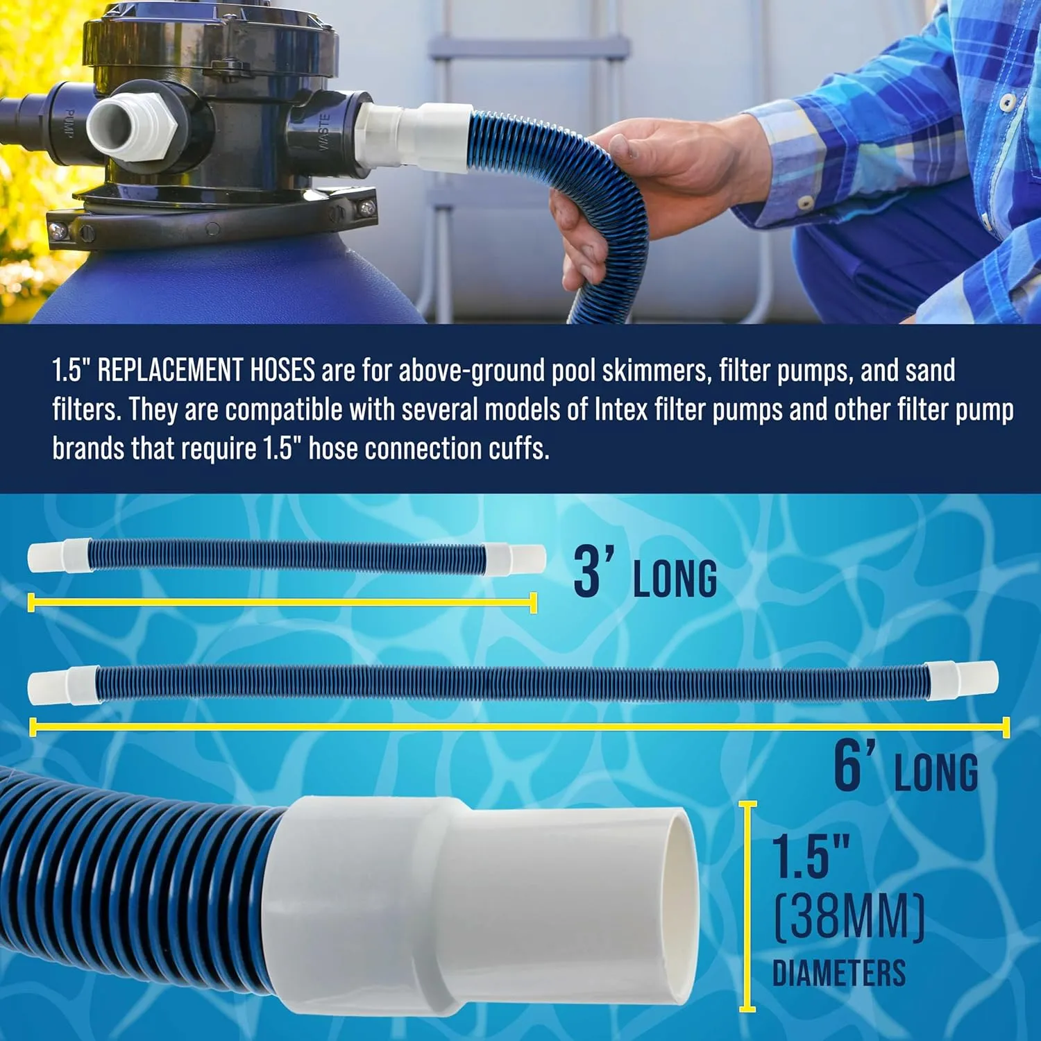U.S. Pool Supply 1.5" Heavy-Duty Above Ground Pool Hose Replacement Kit - 3 Foot and 6 Foot Hoses, 2 Connection Adapters, 4 Clamps - Compatible with Intex Pool Filter Pumps