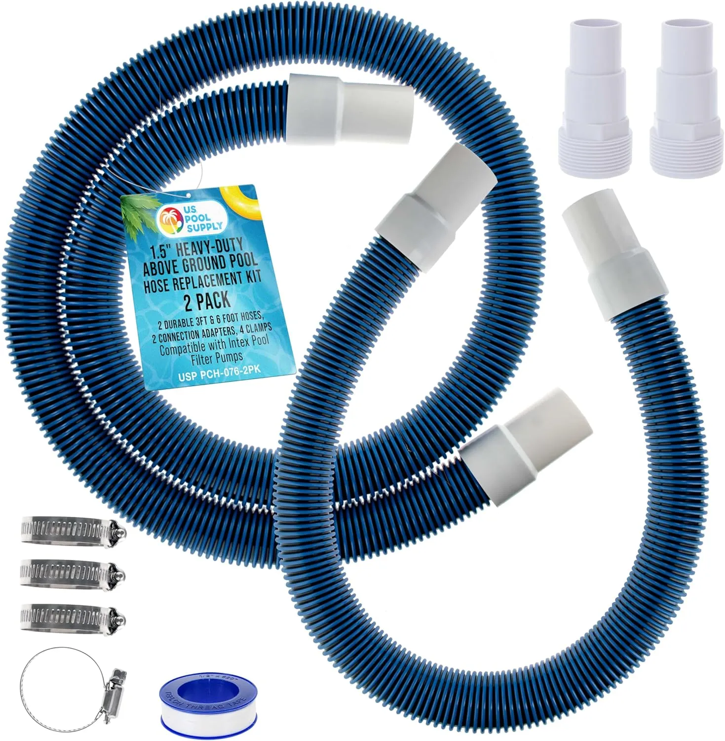 U.S. Pool Supply 1.5" Heavy-Duty Above Ground Pool Hose Replacement Kit - 3 Foot and 6 Foot Hoses, 2 Connection Adapters, 4 Clamps - Compatible with Intex Pool Filter Pumps