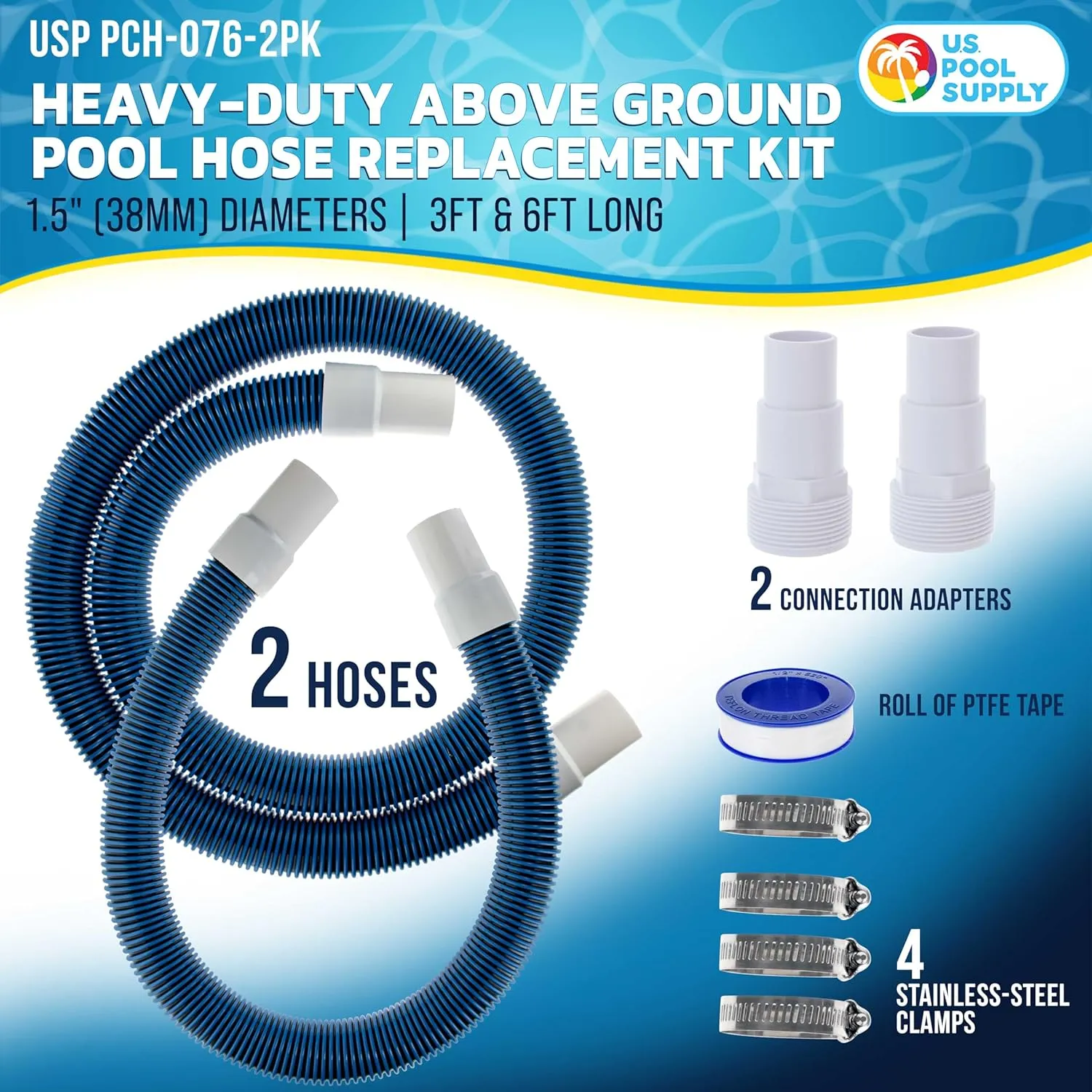 U.S. Pool Supply 1.5" Heavy-Duty Above Ground Pool Hose Replacement Kit - 3 Foot and 6 Foot Hoses, 2 Connection Adapters, 4 Clamps - Compatible with Intex Pool Filter Pumps