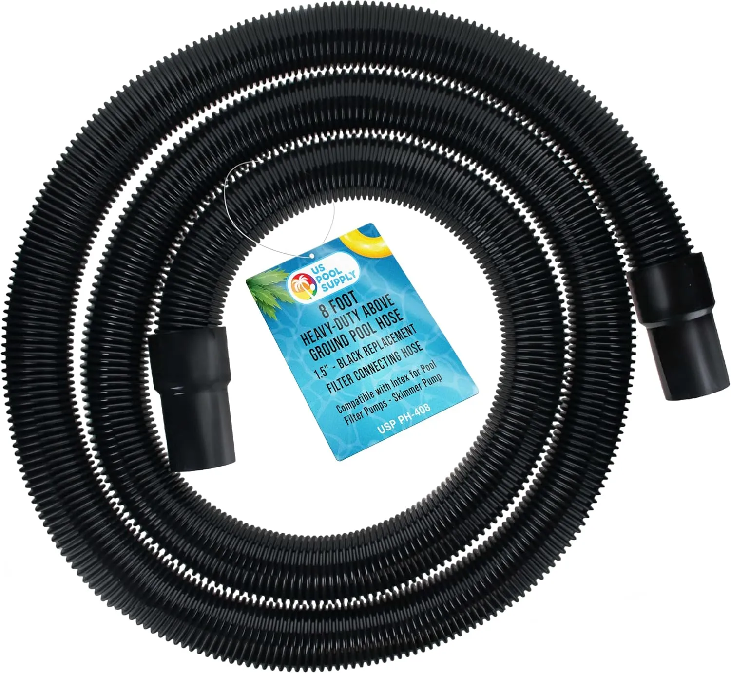 U.S. Pool Supply 8 Foot Heavy-Duty Above Ground Pool Hose, 1.5" - Black Replacement Filter Connecting Hose, Flexible Spiral Wound EVA - Compatible with Intex for Pool Filter Pumps - Skimmer Pump