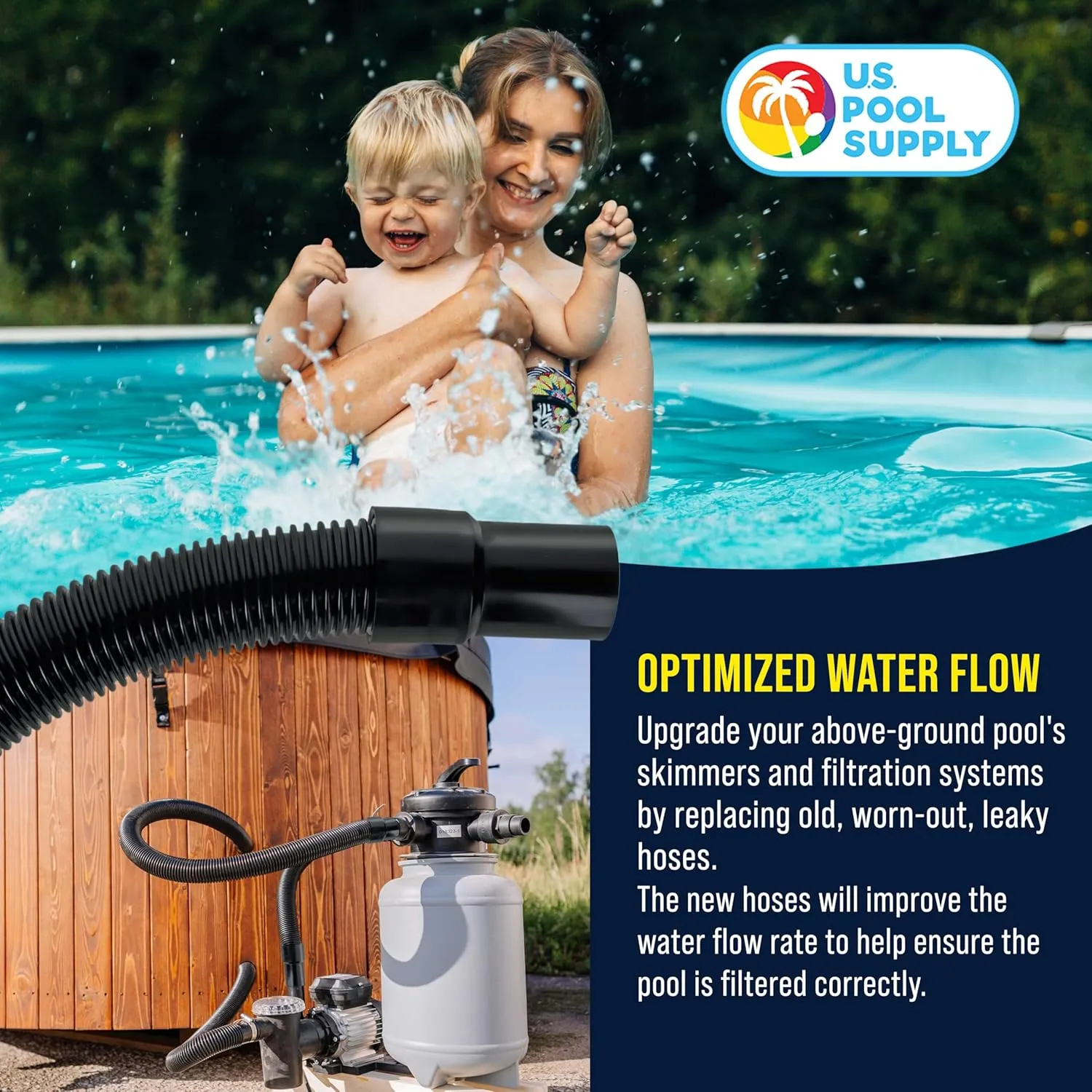 U.S. Pool Supply 8 Foot Heavy-Duty Above Ground Pool Hose, 1.5" - Black Replacement Filter Connecting Hose, Flexible Spiral Wound EVA - Compatible with Intex for Pool Filter Pumps - Skimmer Pump