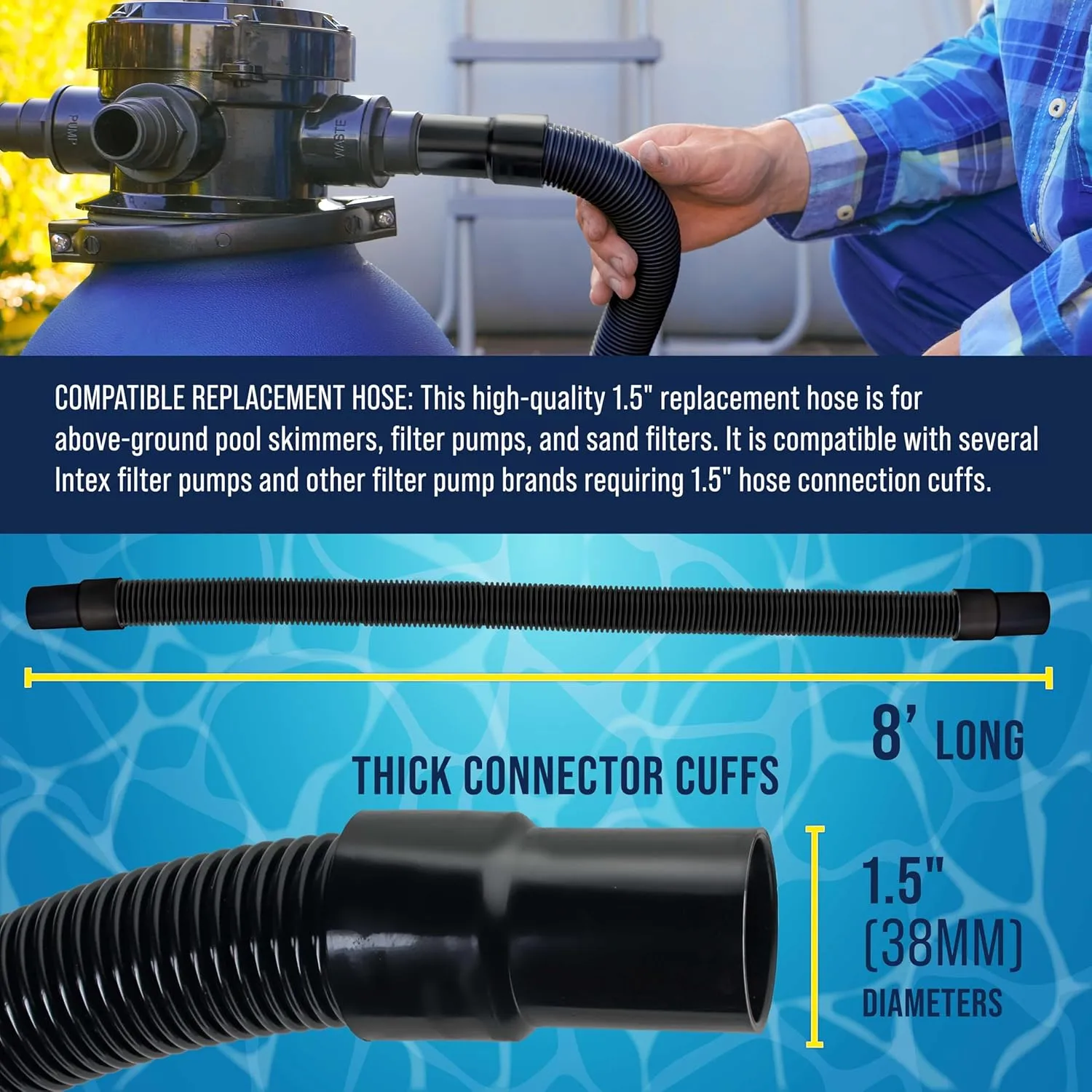 U.S. Pool Supply 8 Foot Heavy-Duty Above Ground Pool Hose, 1.5" - Black Replacement Filter Connecting Hose, Flexible Spiral Wound EVA - Compatible with Intex for Pool Filter Pumps - Skimmer Pump