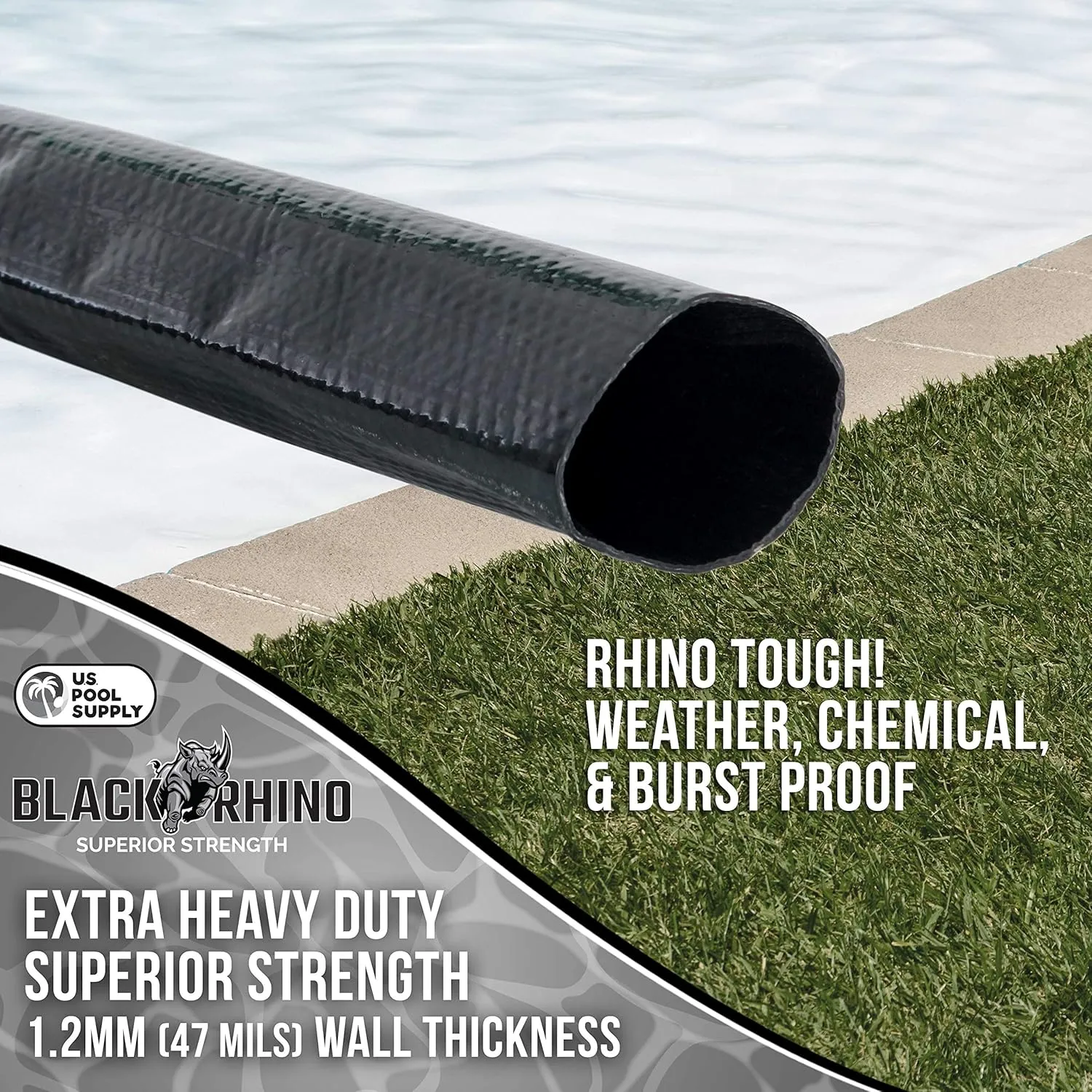 U.S. Pool Supply Pool Backwash Hose 2" x 100' - Black Rhino Extra Heavy-Duty Pool Drain Hose, Sump Pump Discharge, Filter Pump Water Drainage, Inground Draining - Lay Flat, Burst Resistant, Clamp