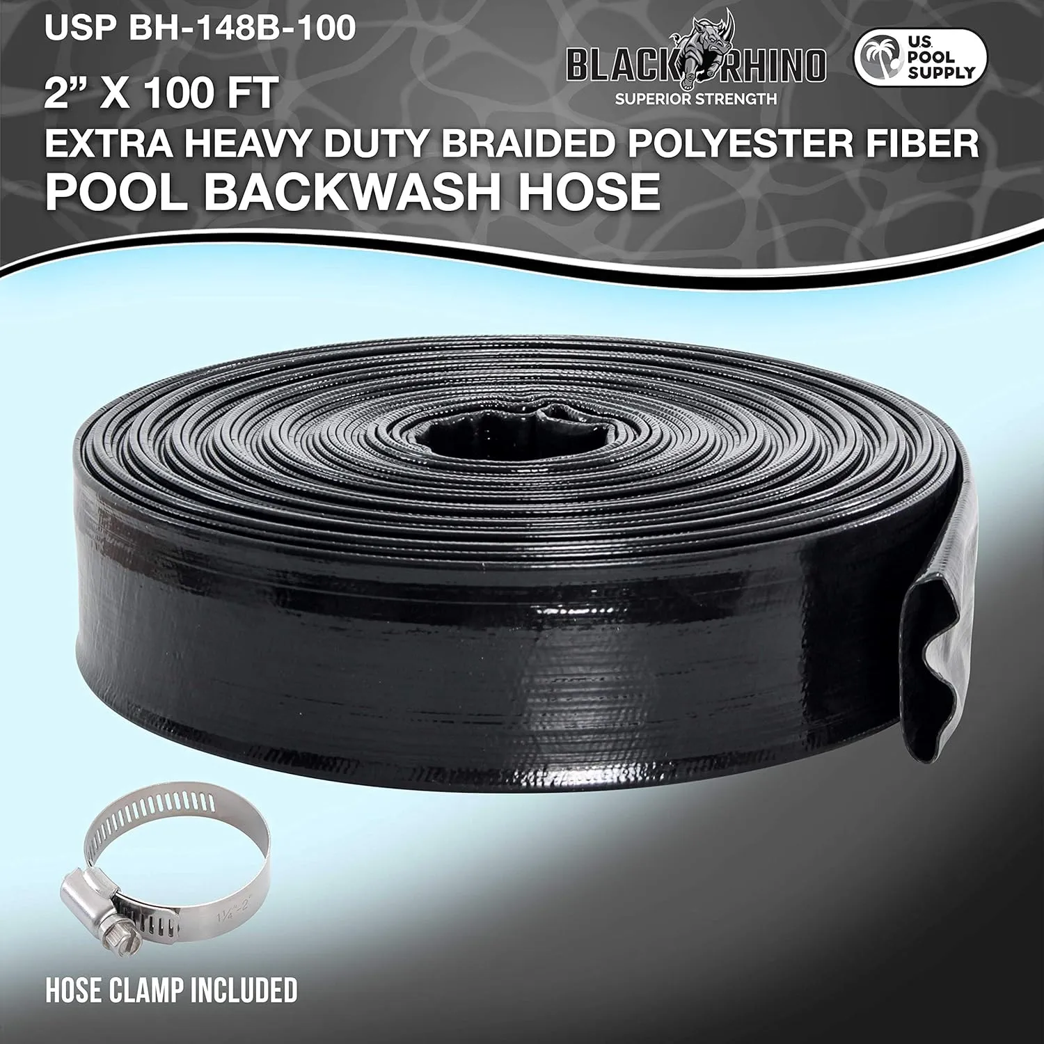 U.S. Pool Supply Pool Backwash Hose 2" x 100' - Black Rhino Extra Heavy-Duty Pool Drain Hose, Sump Pump Discharge, Filter Pump Water Drainage, Inground Draining - Lay Flat, Burst Resistant, Clamp