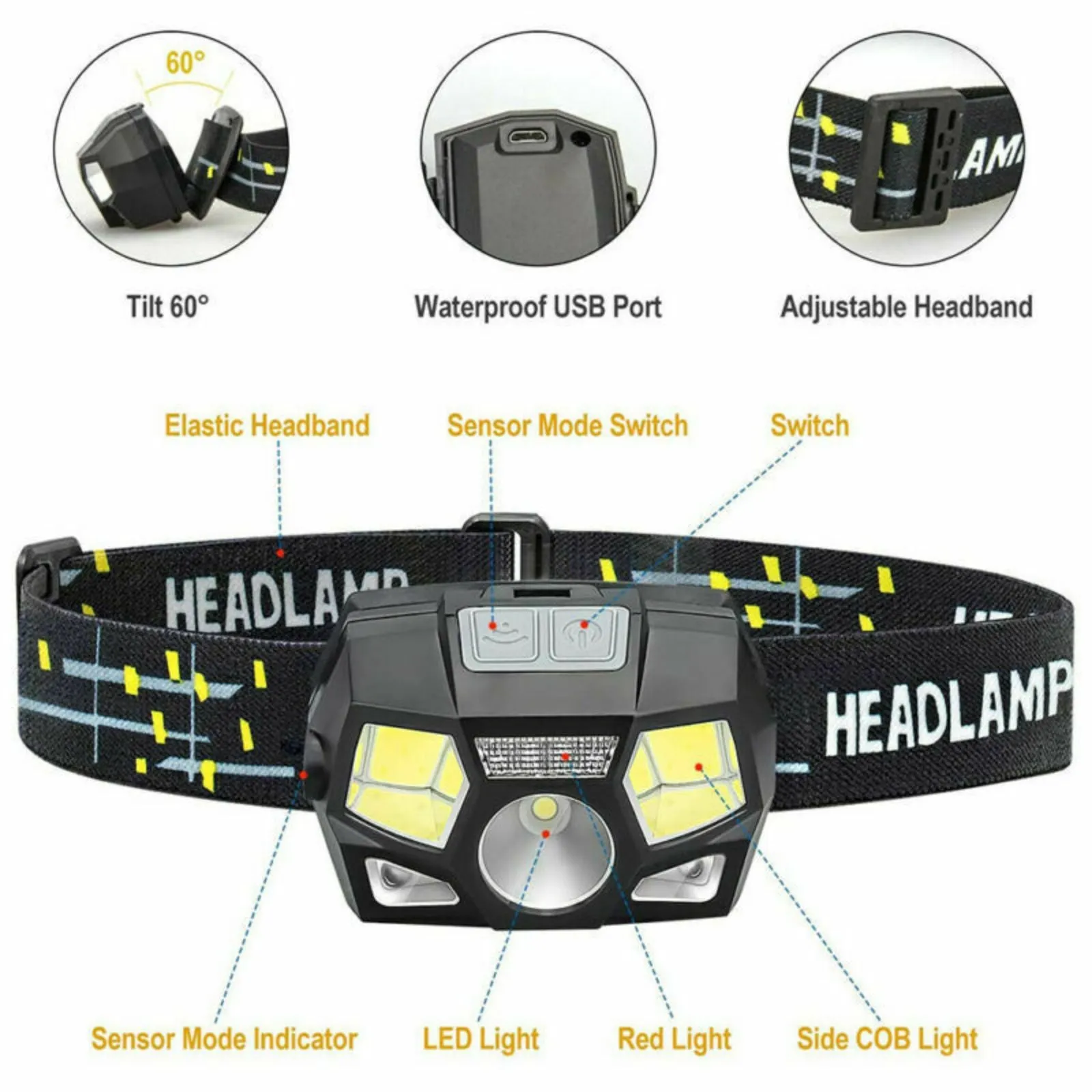 USB Rechargeable Flashlight Lamp LED Head Torch COB Camping Headlamp