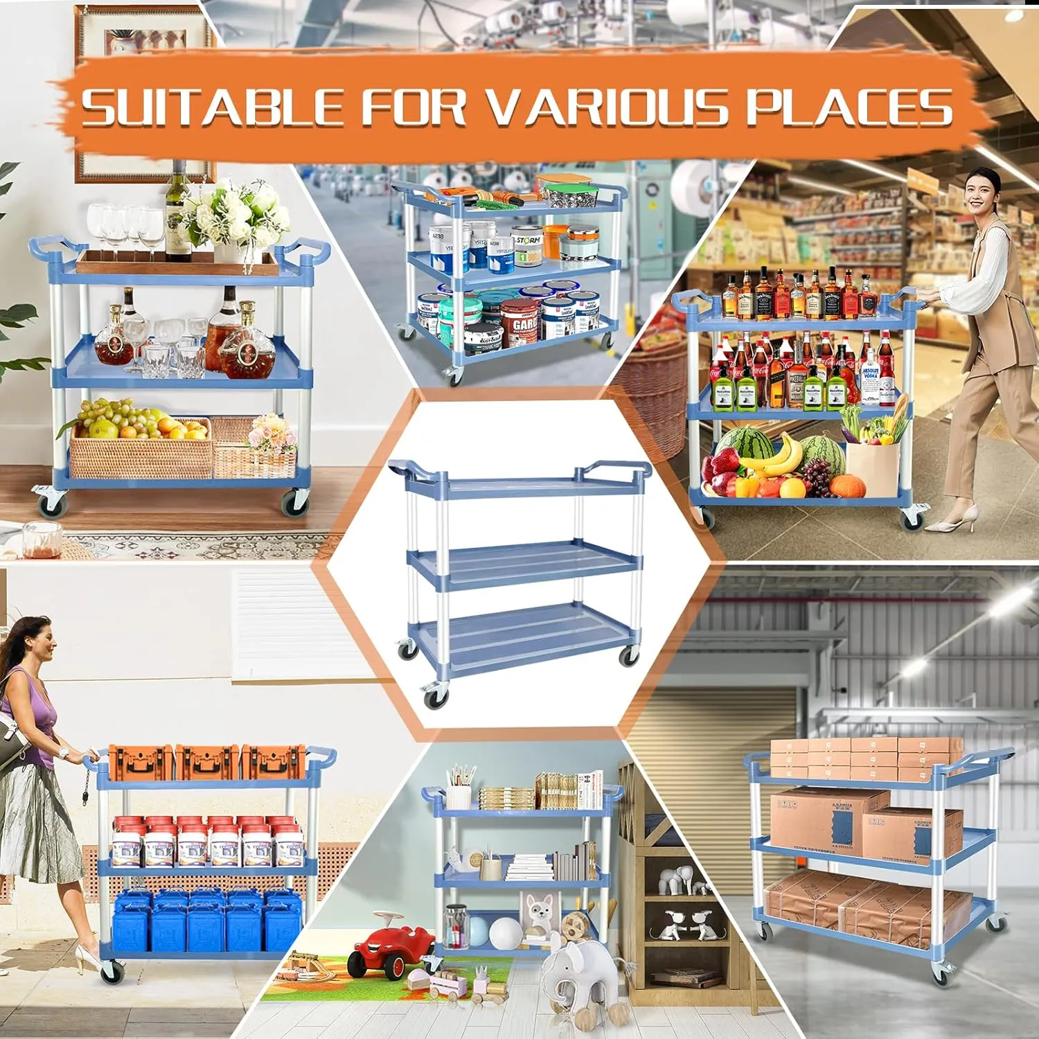 Utility Carts with Wheels Large Size Rolling Cart with Wheels Heavy Duty 600 LBS Food Cart with Lockable Wheels and Hammer for Kitchen/Office/Warehouse, 39.5" D x 19.3" W x 39.5" H(Grey Large Size)